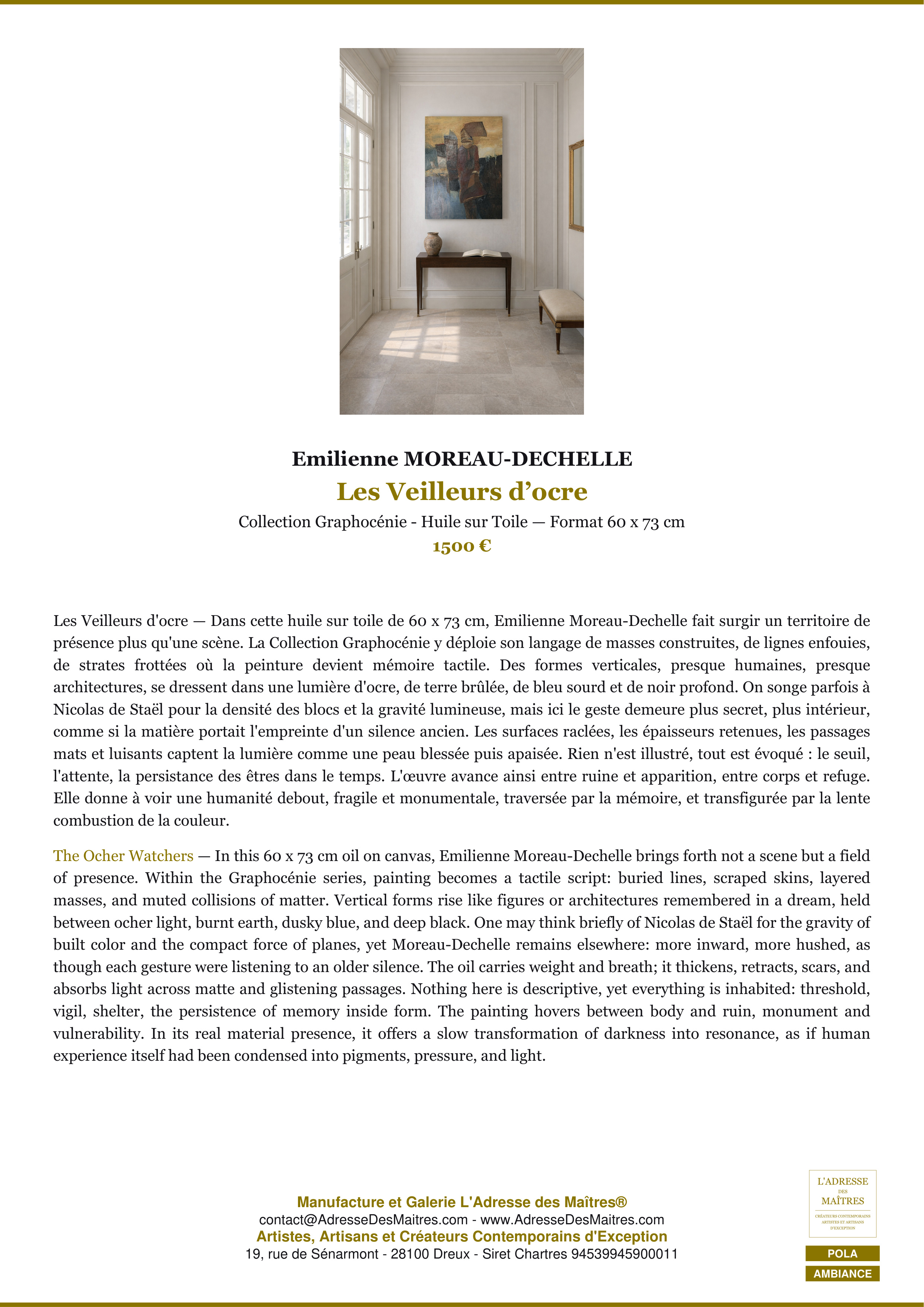 Fiche Premium Ambiance — Les Veilleurs d’ocre — Emilienne MOREAU-DECHELLE — L'Adresse des Maîtres®