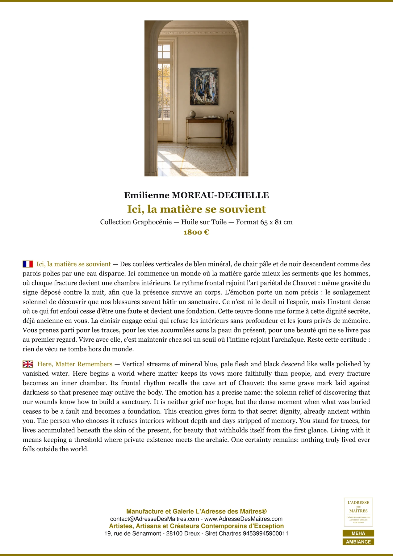 Fiche Premium Ambiance - Ici, la matière se souvient - Emilienne MOREAU-DECHELLE - L'Adresse des Maîtres®