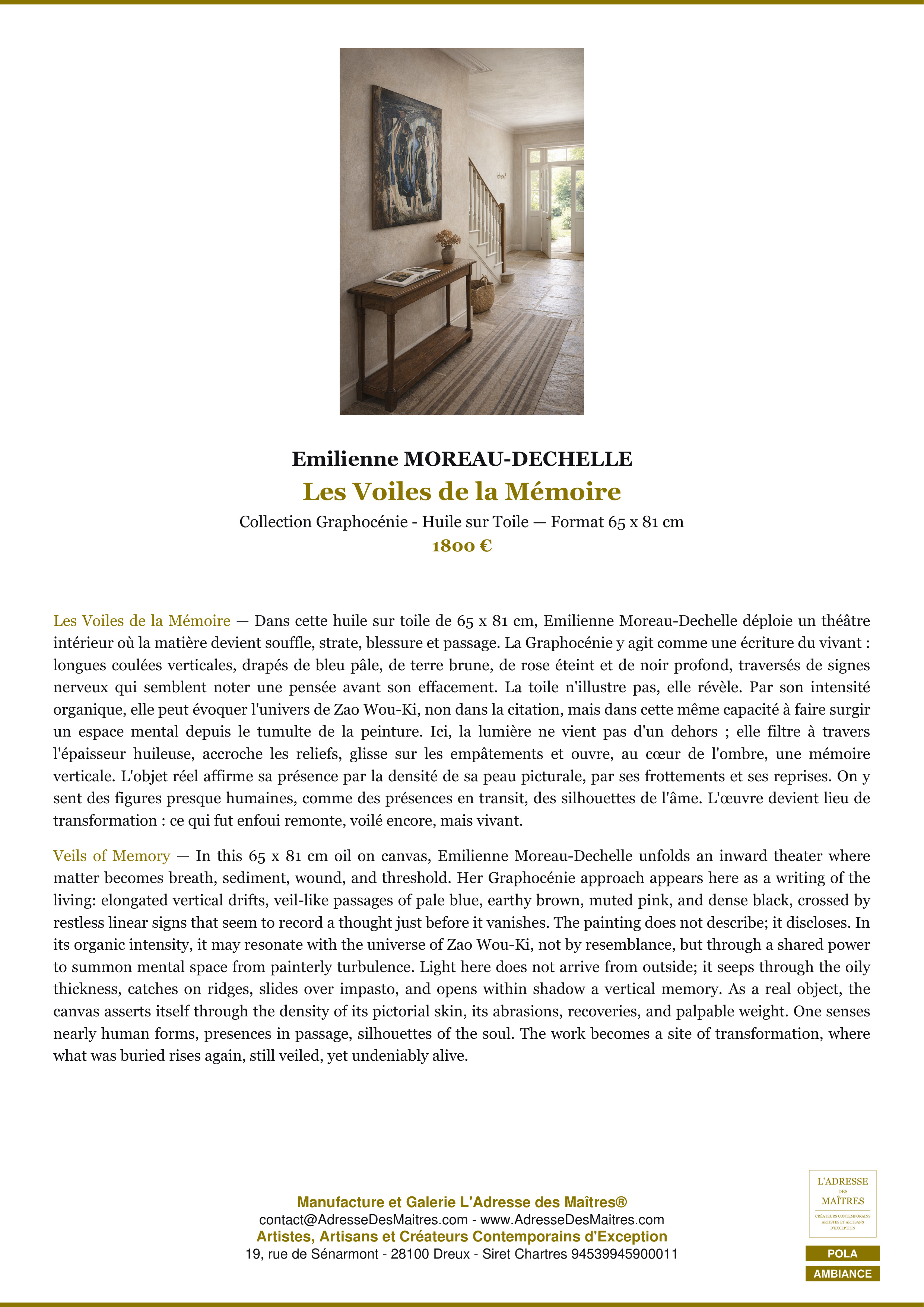 Fiche Premium Ambiance — Les Voiles de la Mémoire — Emilienne MOREAU-DECHELLE — L'Adresse des Maîtres®