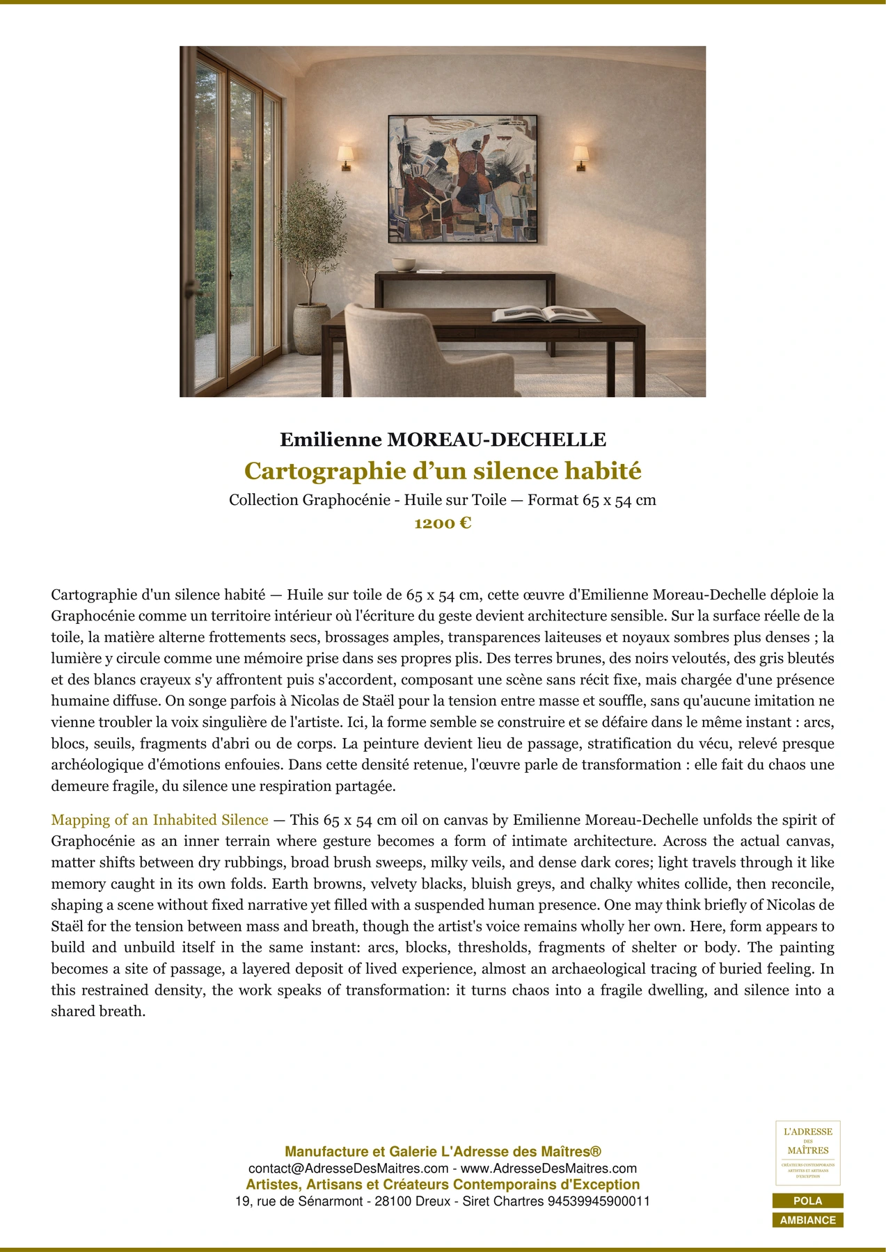 Fiche Premium Ambiance - Cartographie d’un silence habité - Emilienne MOREAU-DECHELLE - L'Adresse des Maîtres®
