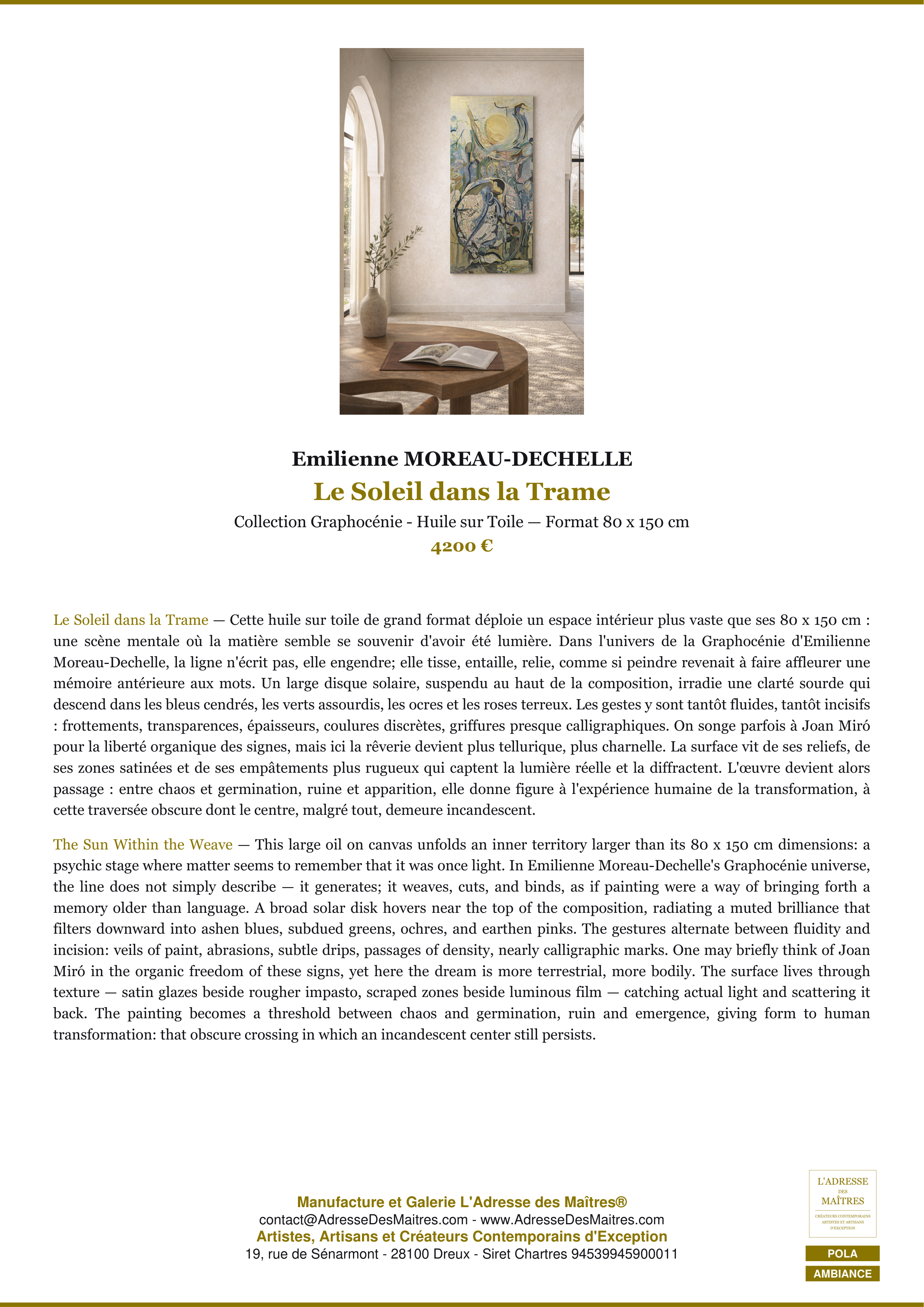 Fiche Premium Ambiance — Le Soleil dans la Trame — Emilienne MOREAU-DECHELLE — L'Adresse des Maîtres®