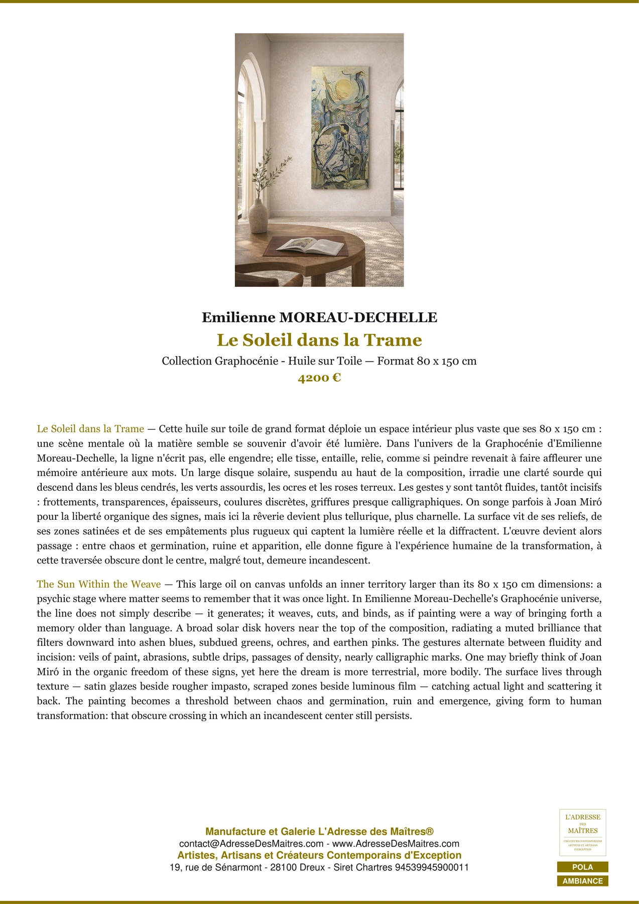 Fiche Premium Ambiance - Le Soleil dans la Trame - Emilienne MOREAU-DECHELLE - L'Adresse des Maîtres®