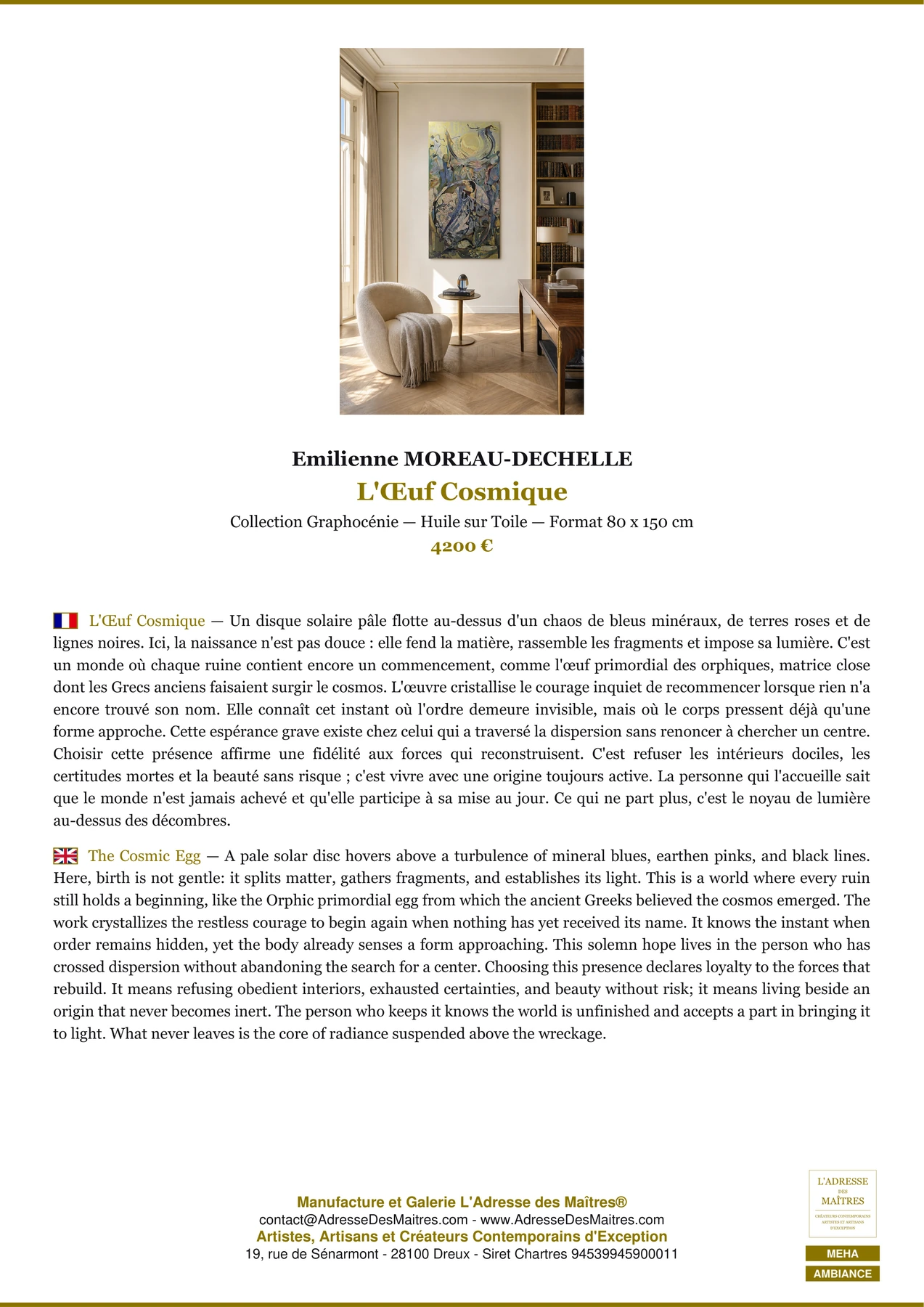 Fiche Premium Ambiance - L'Œuf Cosmique - Emilienne MOREAU-DECHELLE - L'Adresse des Maîtres®