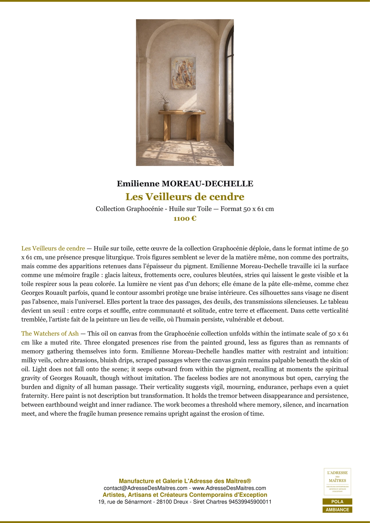 Fiche Premium Ambiance - Les Veilleurs de cendre - Emilienne MOREAU-DECHELLE - L'Adresse des Maîtres®