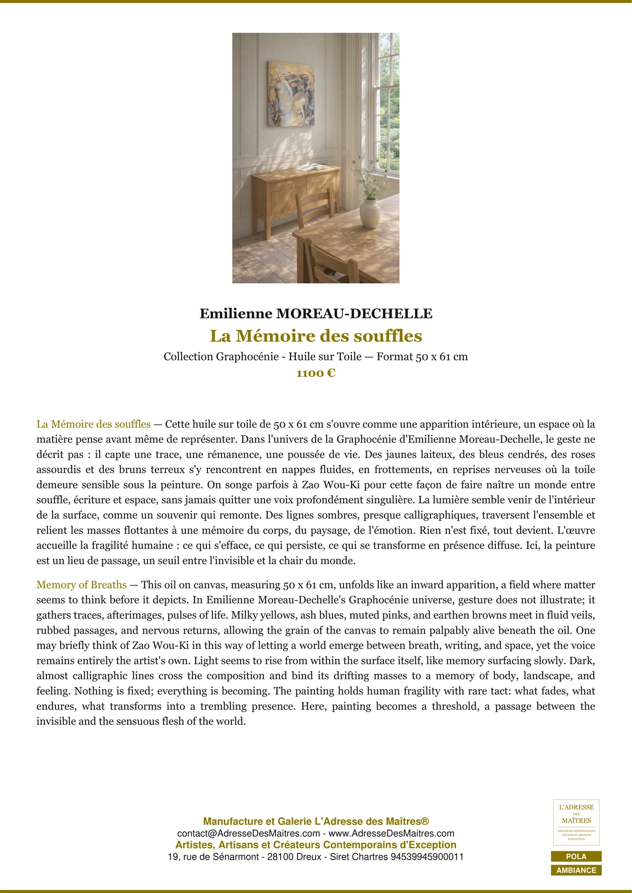 Fiche Premium Ambiance - La Mémoire des souffles - Emilienne MOREAU-DECHELLE - L'Adresse des Maîtres®