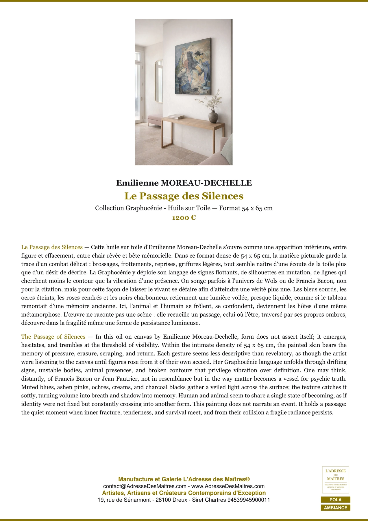 Fiche Premium Ambiance - Le Passage des Silences - Emilienne MOREAU-DECHELLE - L'Adresse des Maîtres®