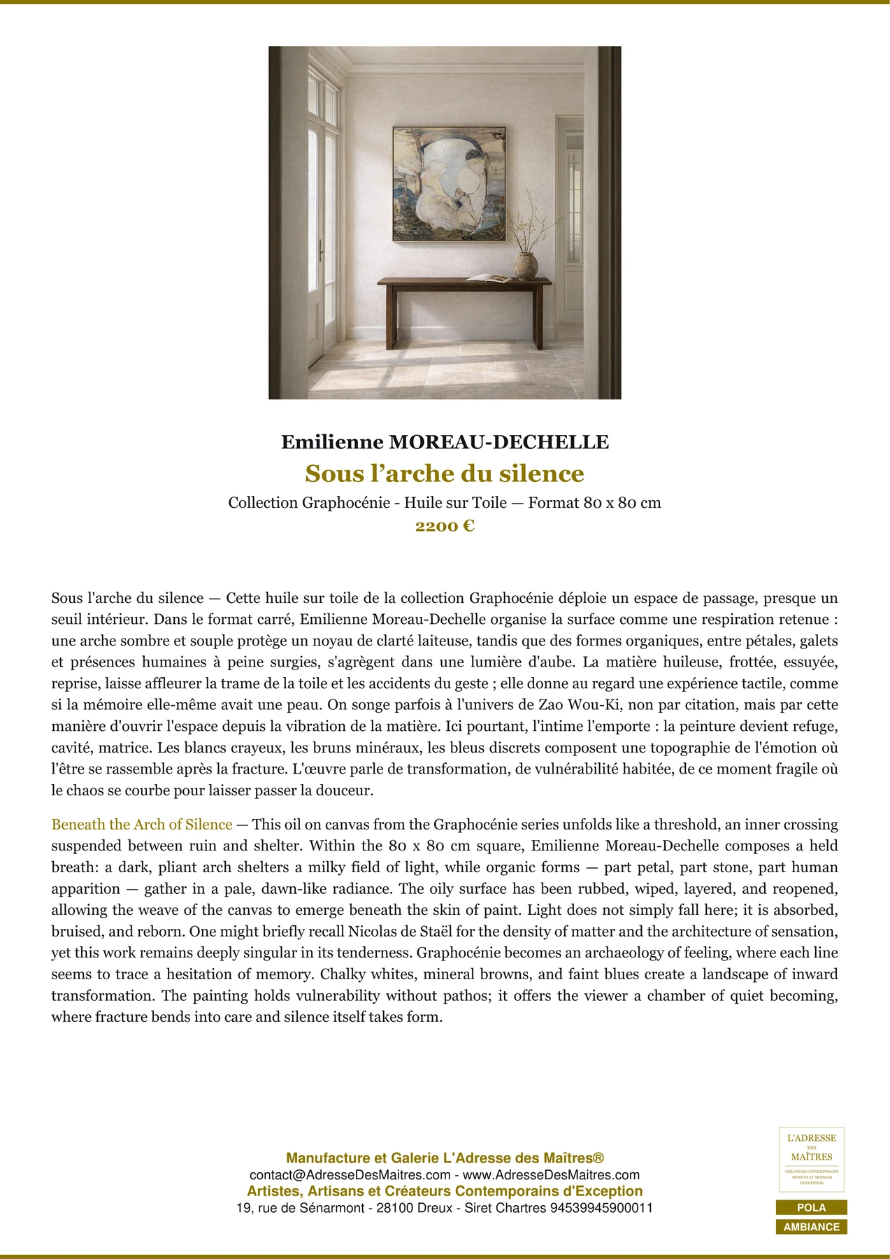 Fiche Premium Ambiance - Sous l’arche du silence - Emilienne MOREAU-DECHELLE - L'Adresse des Maîtres®