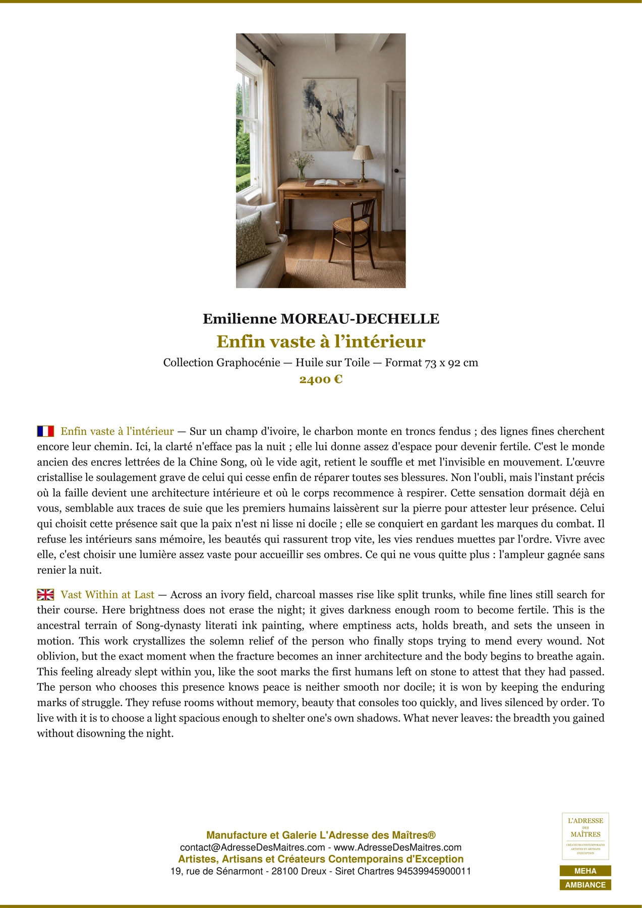 Fiche Premium Ambiance - Enfin vaste à l’intérieur - Emilienne MOREAU-DECHELLE - L'Adresse des Maîtres®