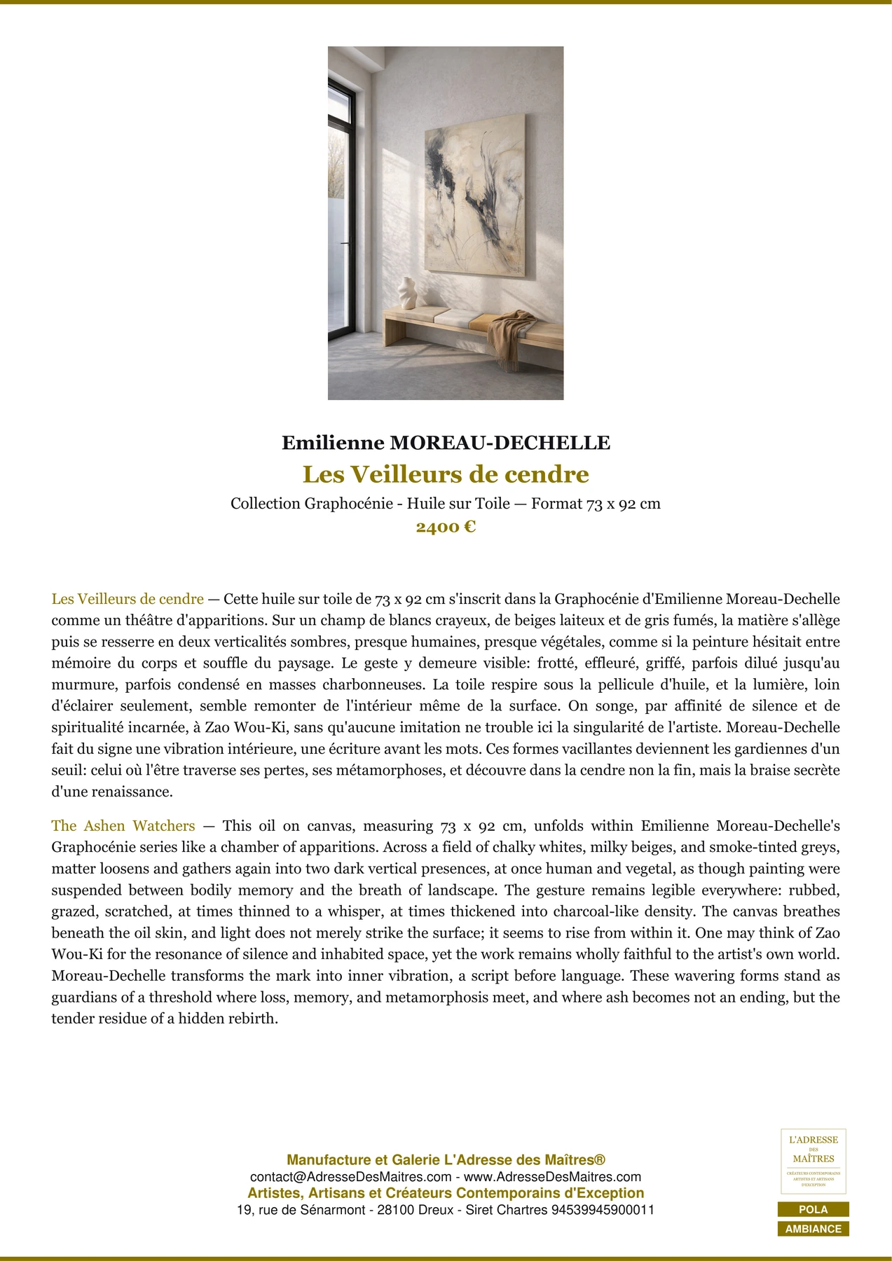 Fiche Premium Ambiance - Les Veilleurs de cendre - Emilienne MOREAU-DECHELLE - L'Adresse des Maîtres®