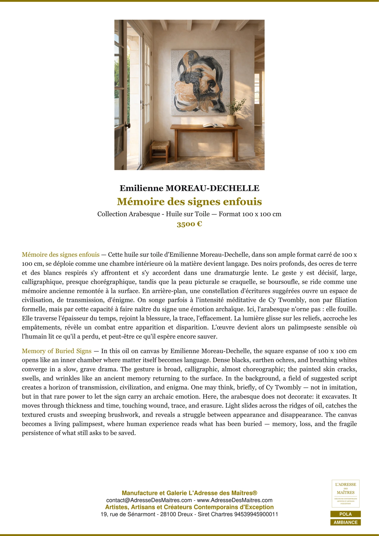 Fiche Premium Ambiance - Mémoire des signes enfouis - Emilienne MOREAU-DECHELLE - L'Adresse des Maîtres®