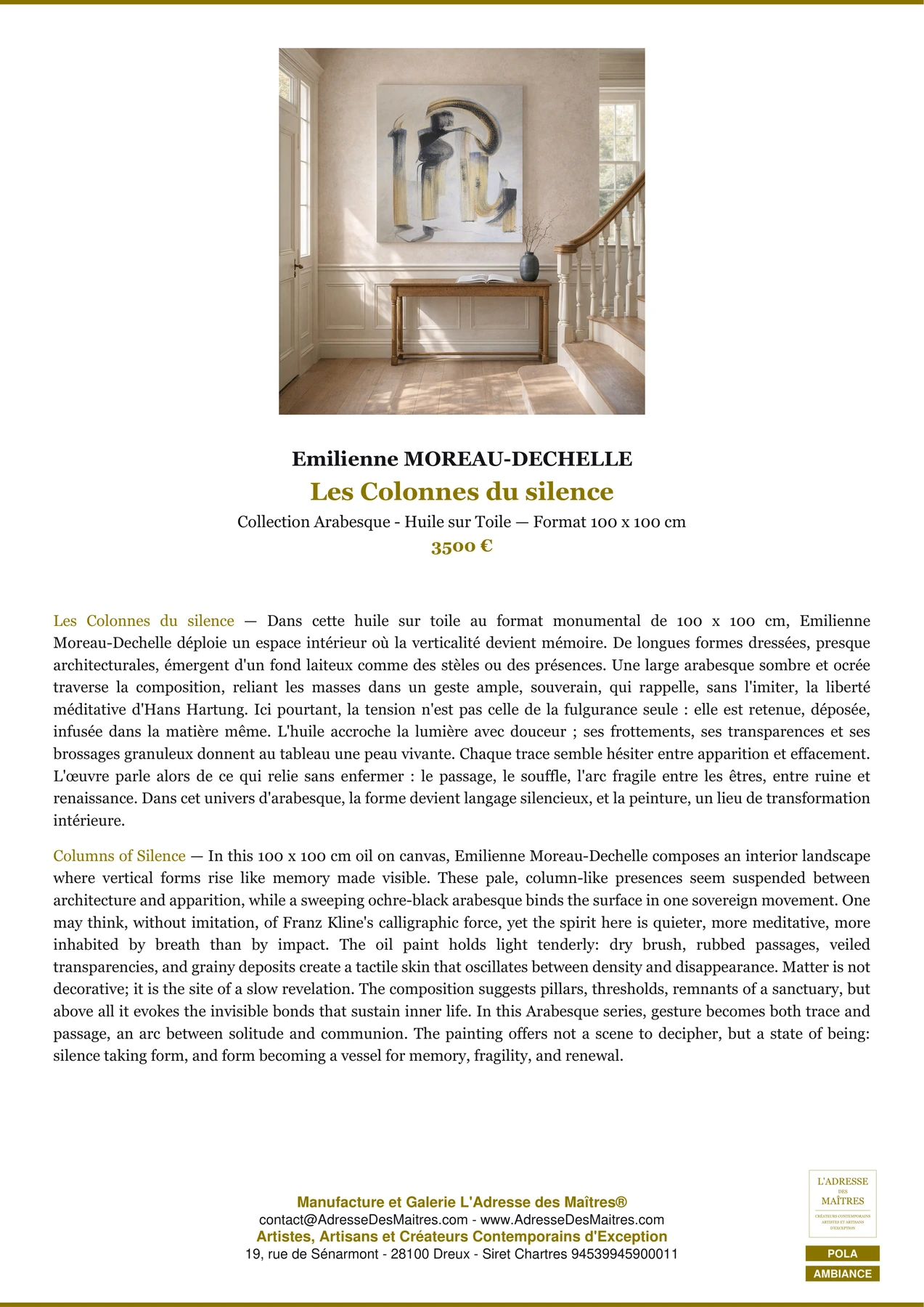 Fiche Premium Ambiance - Les Colonnes du silence - Emilienne MOREAU-DECHELLE - L'Adresse des Maîtres®