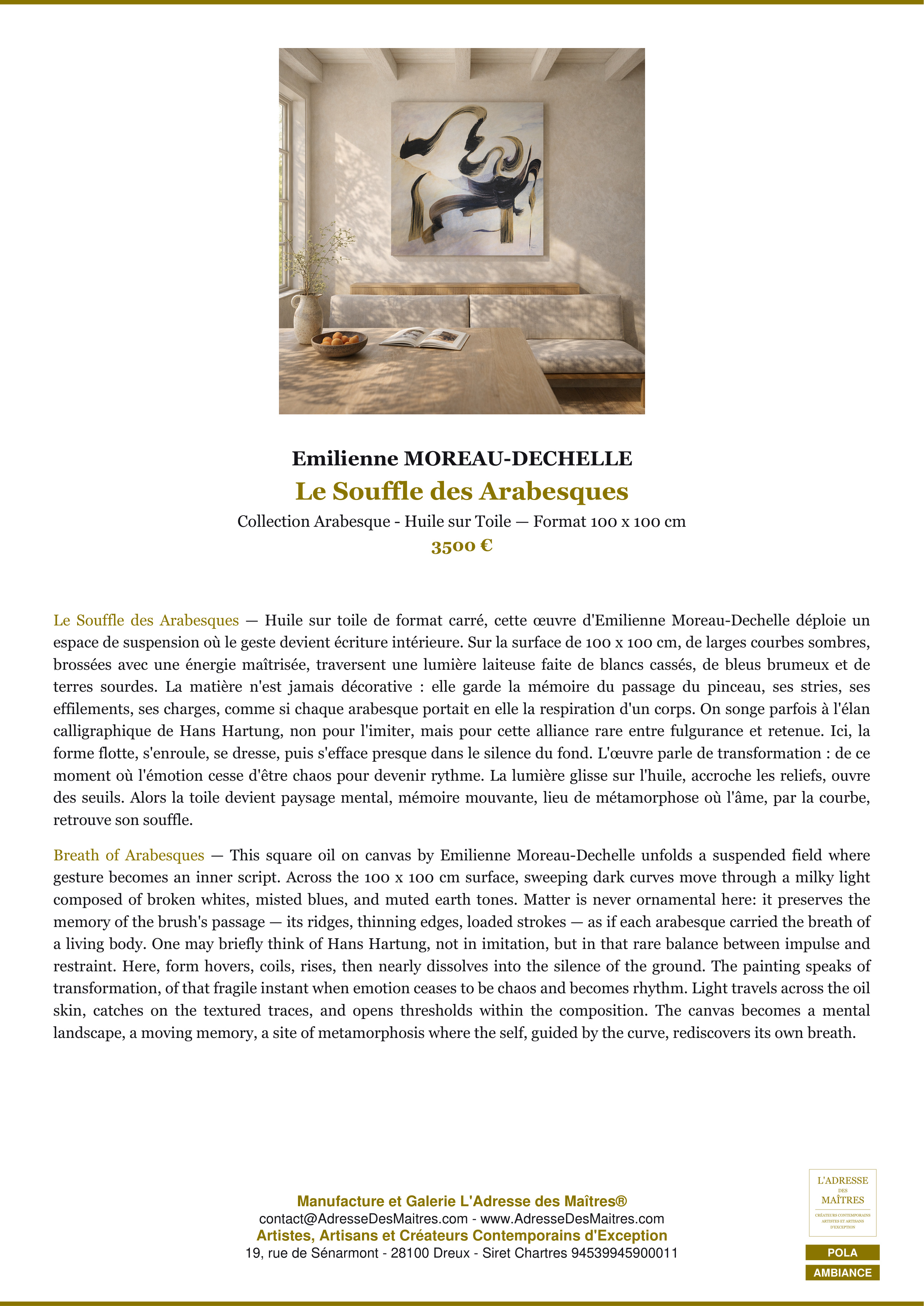 Fiche Premium Ambiance — Le Souffle des Arabesques — Emilienne MOREAU-DECHELLE — L'Adresse des Maîtres®
