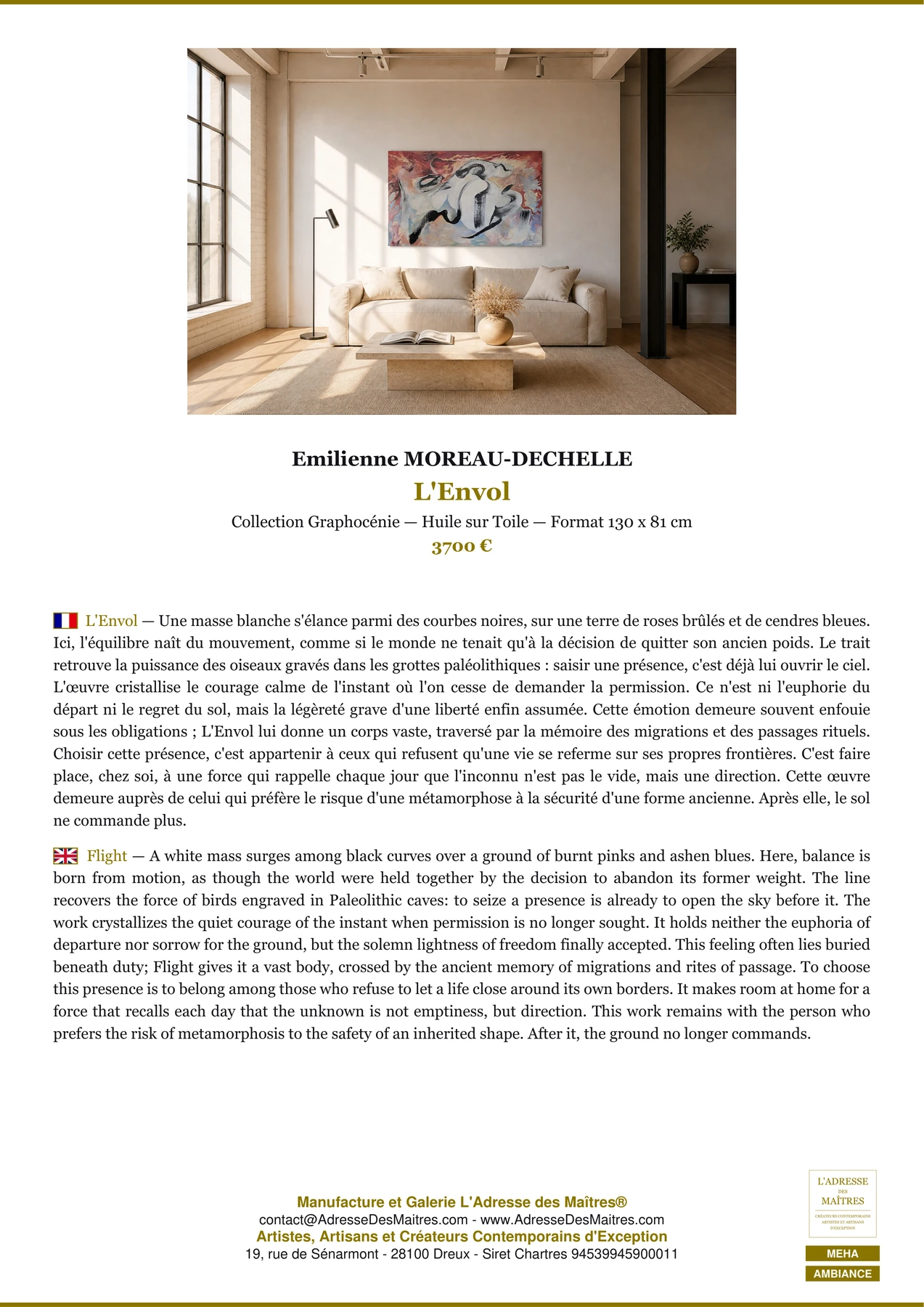 Fiche Premium Ambiance - L'Envol - Emilienne MOREAU-DECHELLE - L'Adresse des Maîtres®