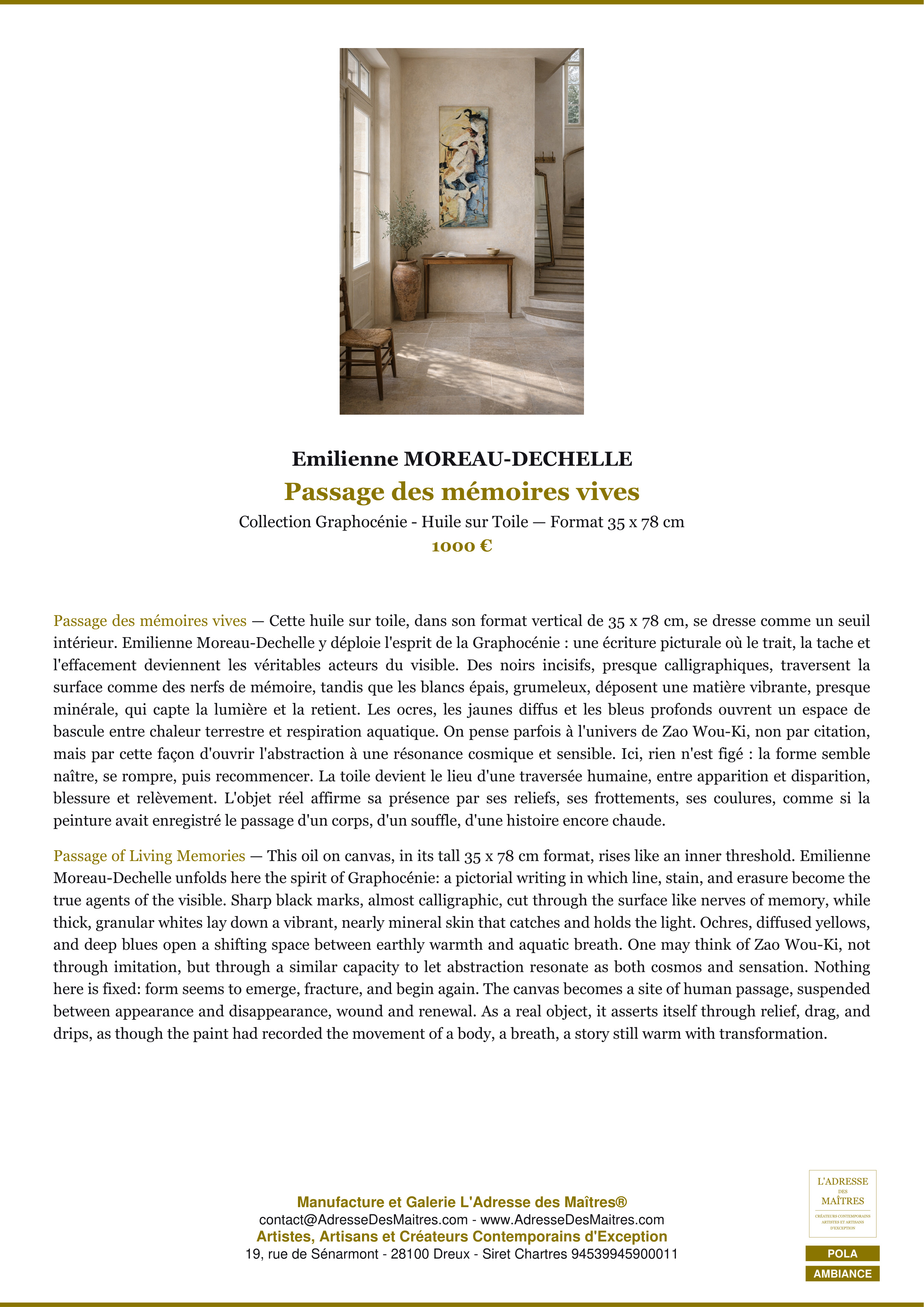 Fiche Premium Ambiance — Passage des mémoires vives — Emilienne MOREAU-DECHELLE — L'Adresse des Maîtres®