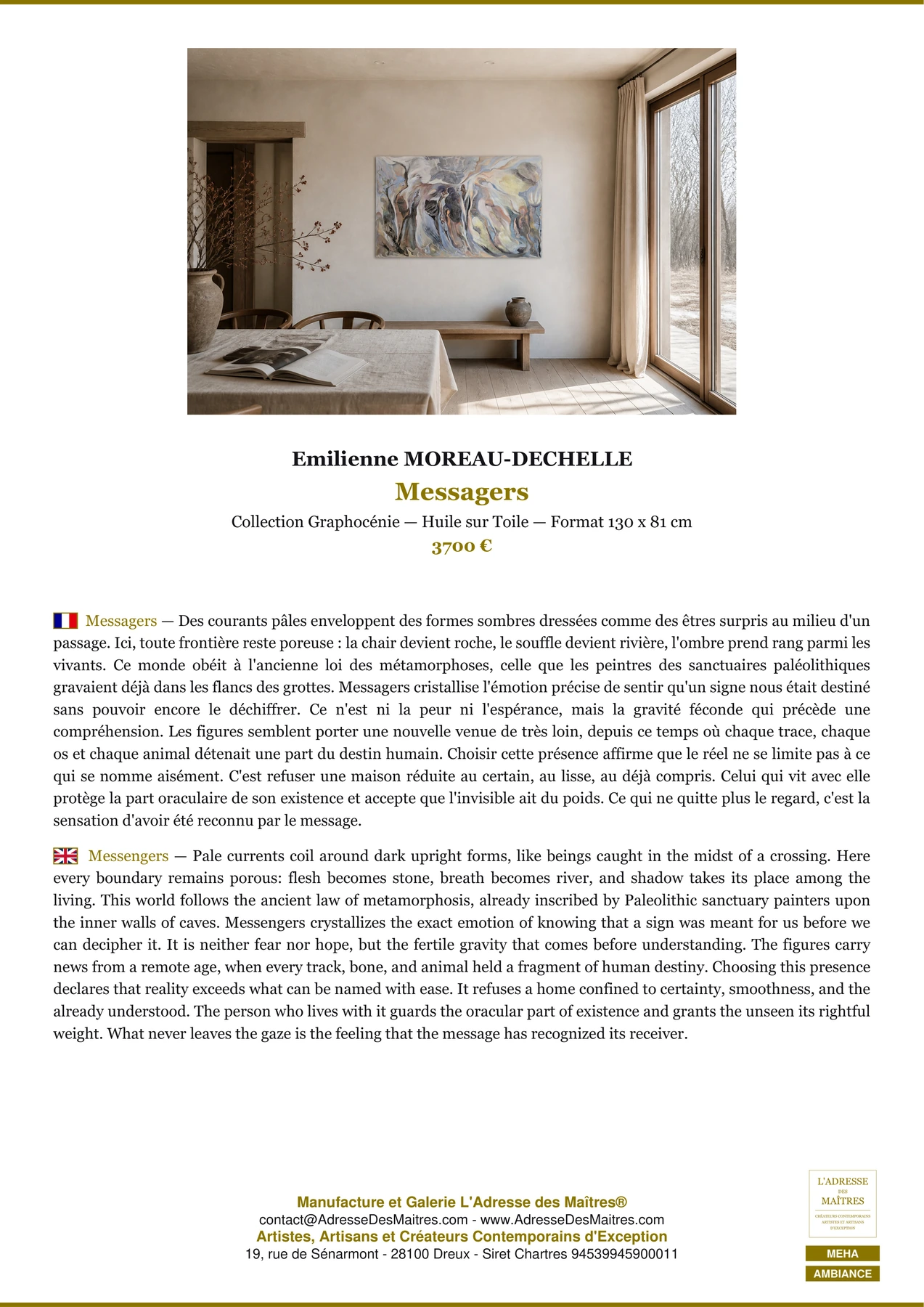 Fiche Premium Ambiance - Messagers - Emilienne MOREAU-DECHELLE - L'Adresse des Maîtres®