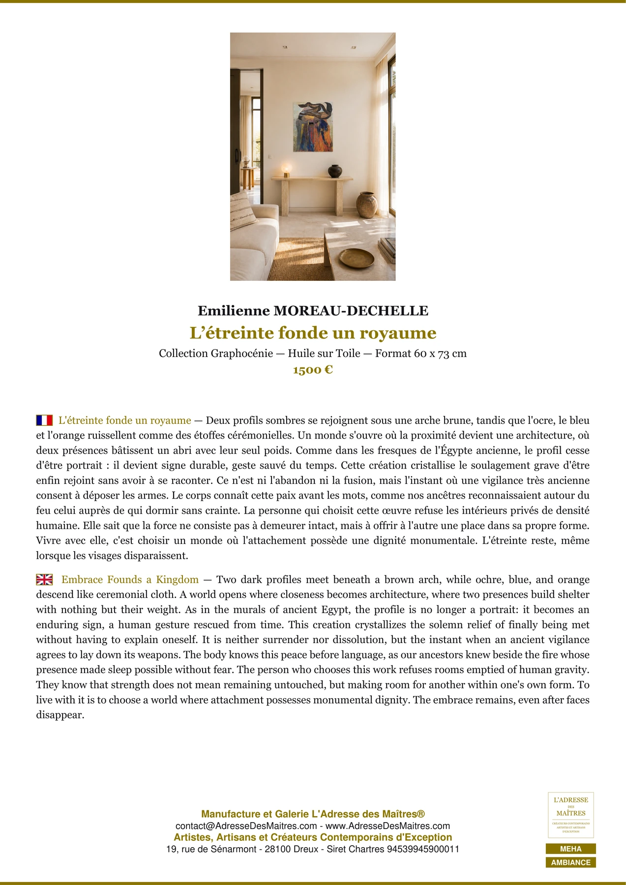 Fiche Premium Ambiance - L’étreinte fonde un royaume - Emilienne MOREAU-DECHELLE - L'Adresse des Maîtres®