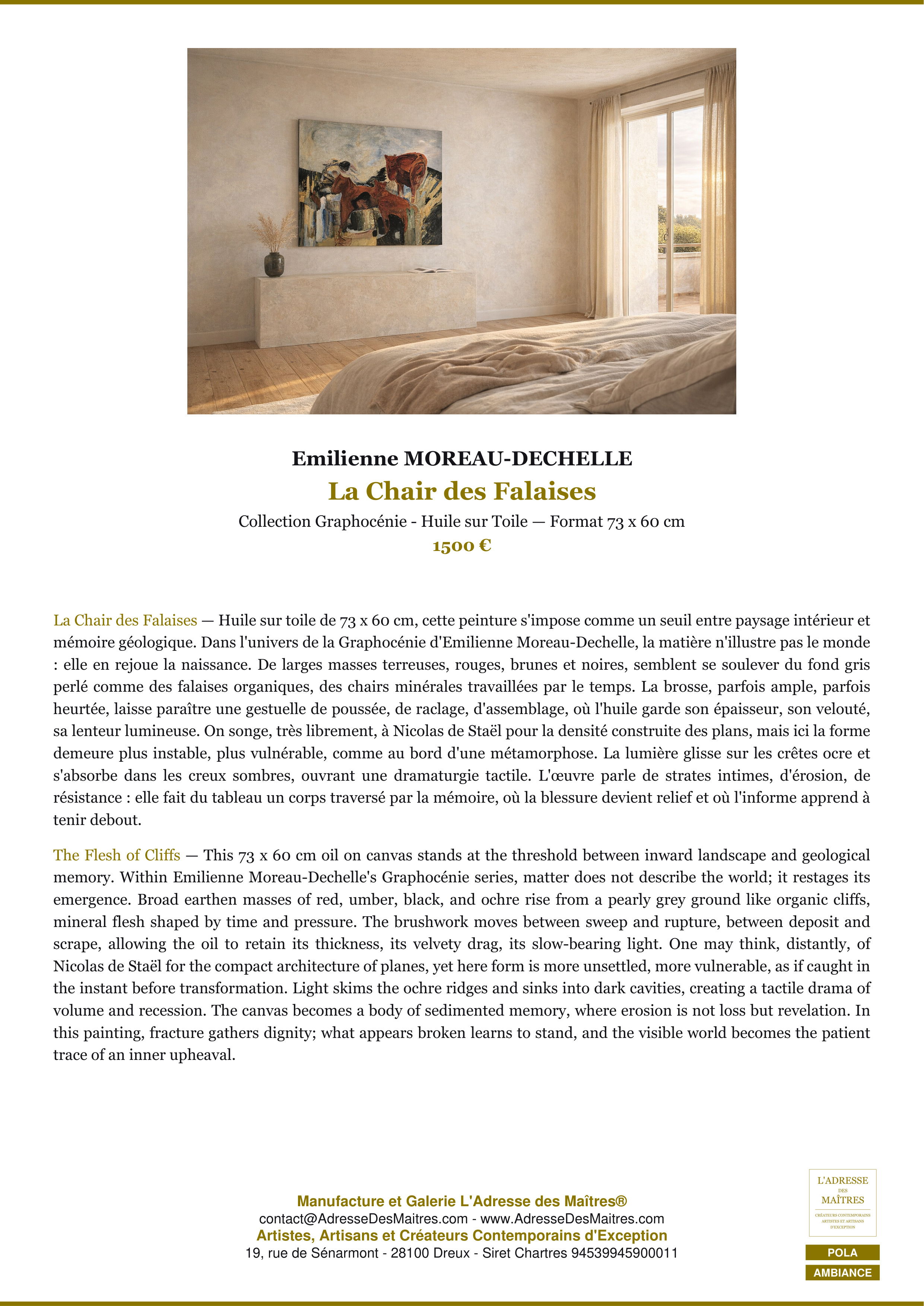 Fiche Premium Ambiance — La Chair des Falaises — Emilienne MOREAU-DECHELLE — L'Adresse des Maîtres®
