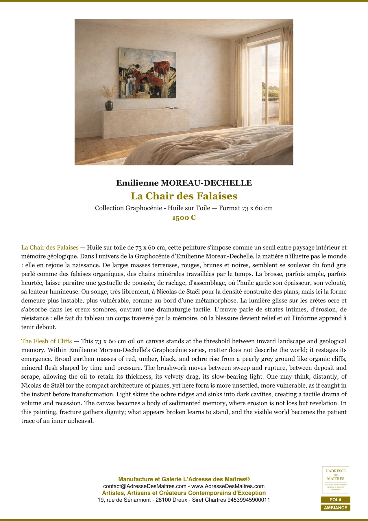 Fiche Premium Ambiance - La Chair des Falaises - Emilienne MOREAU-DECHELLE - L'Adresse des Maîtres®