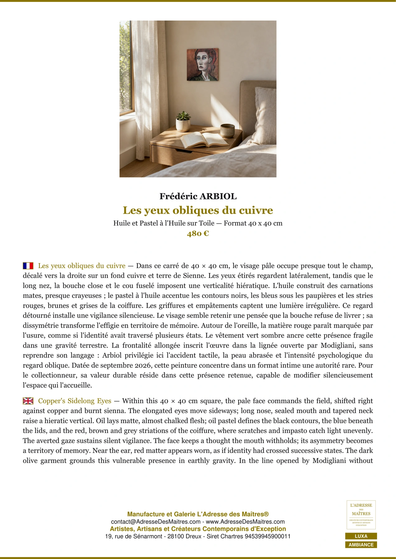 Fiche Premium Ambiance - Les yeux obliques du cuivre - Frédéric ARBIOL - L'Adresse des Maîtres®