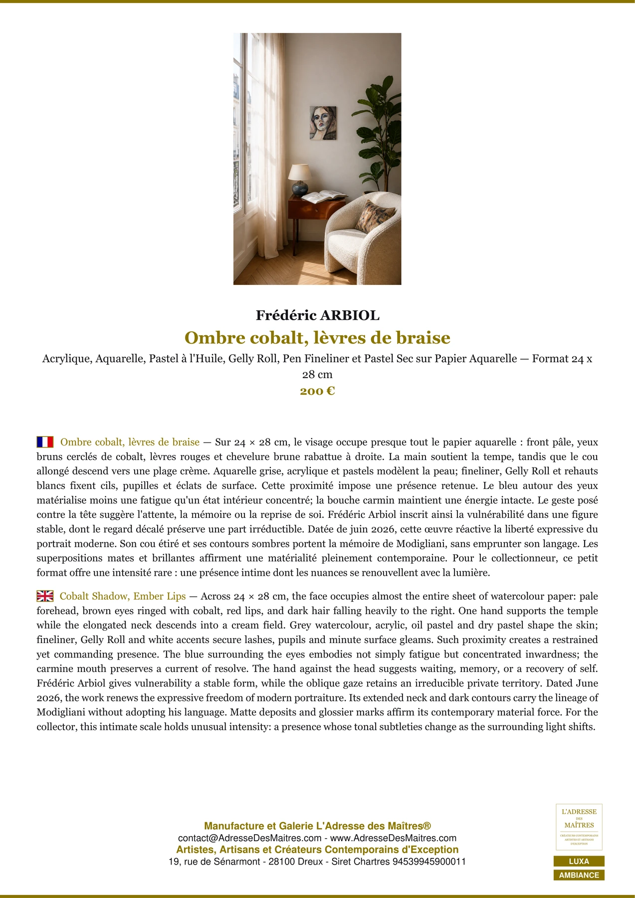 Fiche Premium Ambiance - Ombre cobalt, lèvres de braise - Frédéric ARBIOL - L'Adresse des Maîtres®