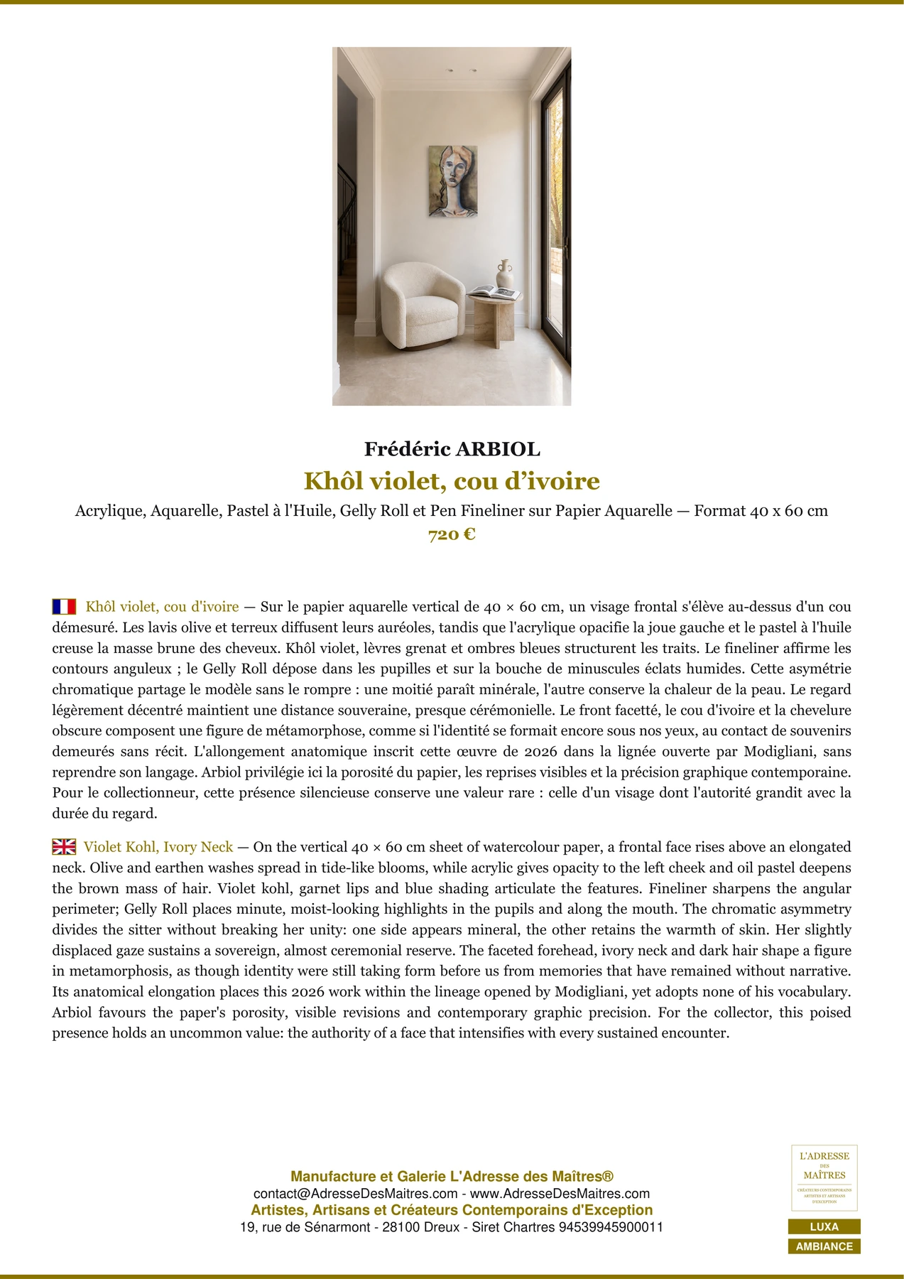 Fiche Premium Ambiance - Khôl violet, cou d’ivoire - Frédéric ARBIOL - L'Adresse des Maîtres®