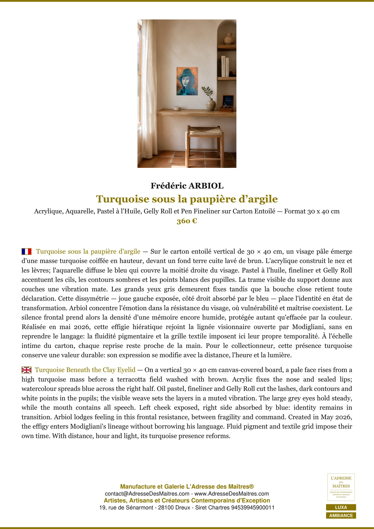 Fiche Premium Ambiance - Turquoise sous la paupière d’argile - Frédéric ARBIOL - L'Adresse des Maîtres®