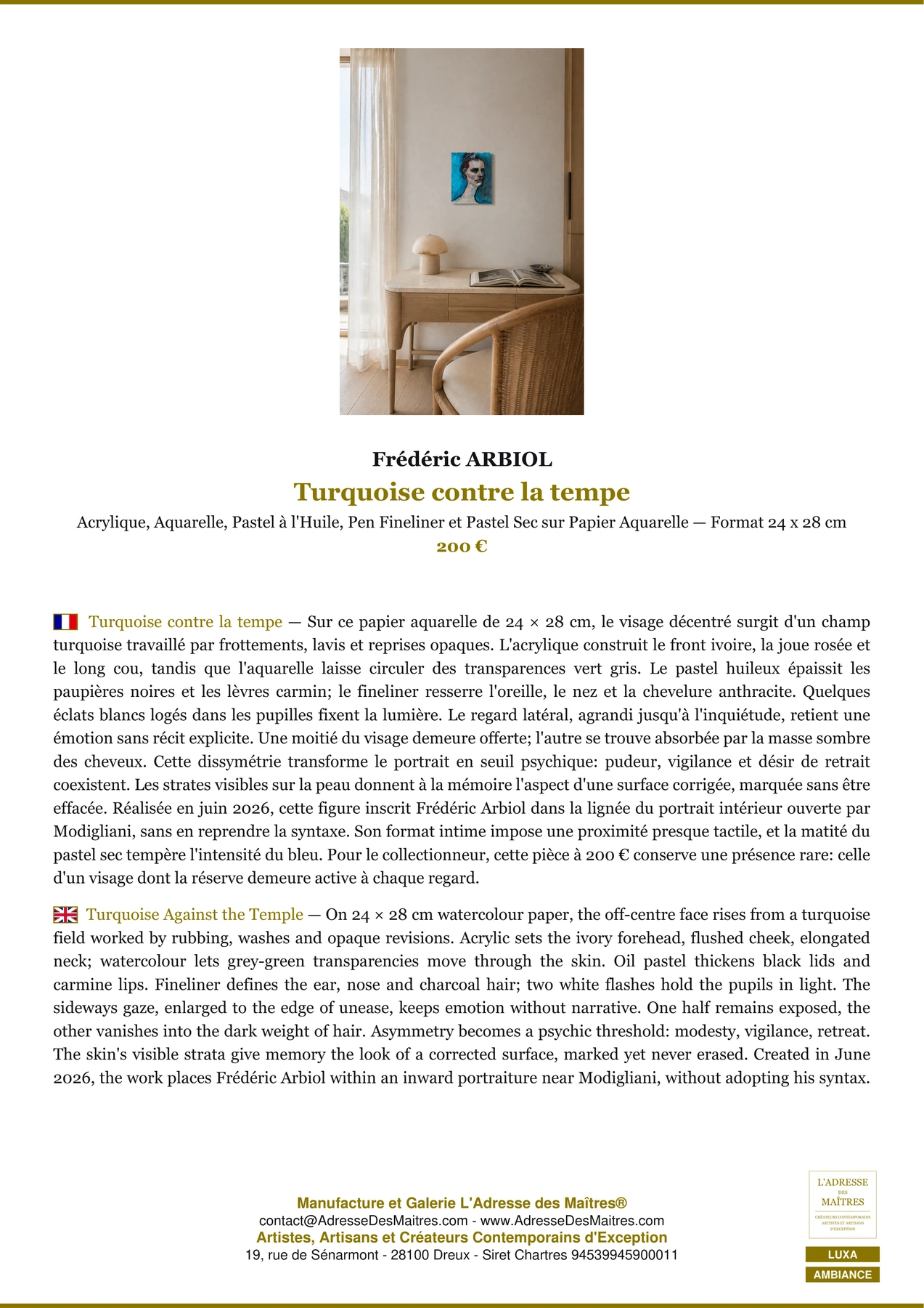 Fiche Premium Ambiance - Turquoise contre la tempe - Frédéric ARBIOL - L'Adresse des Maîtres®