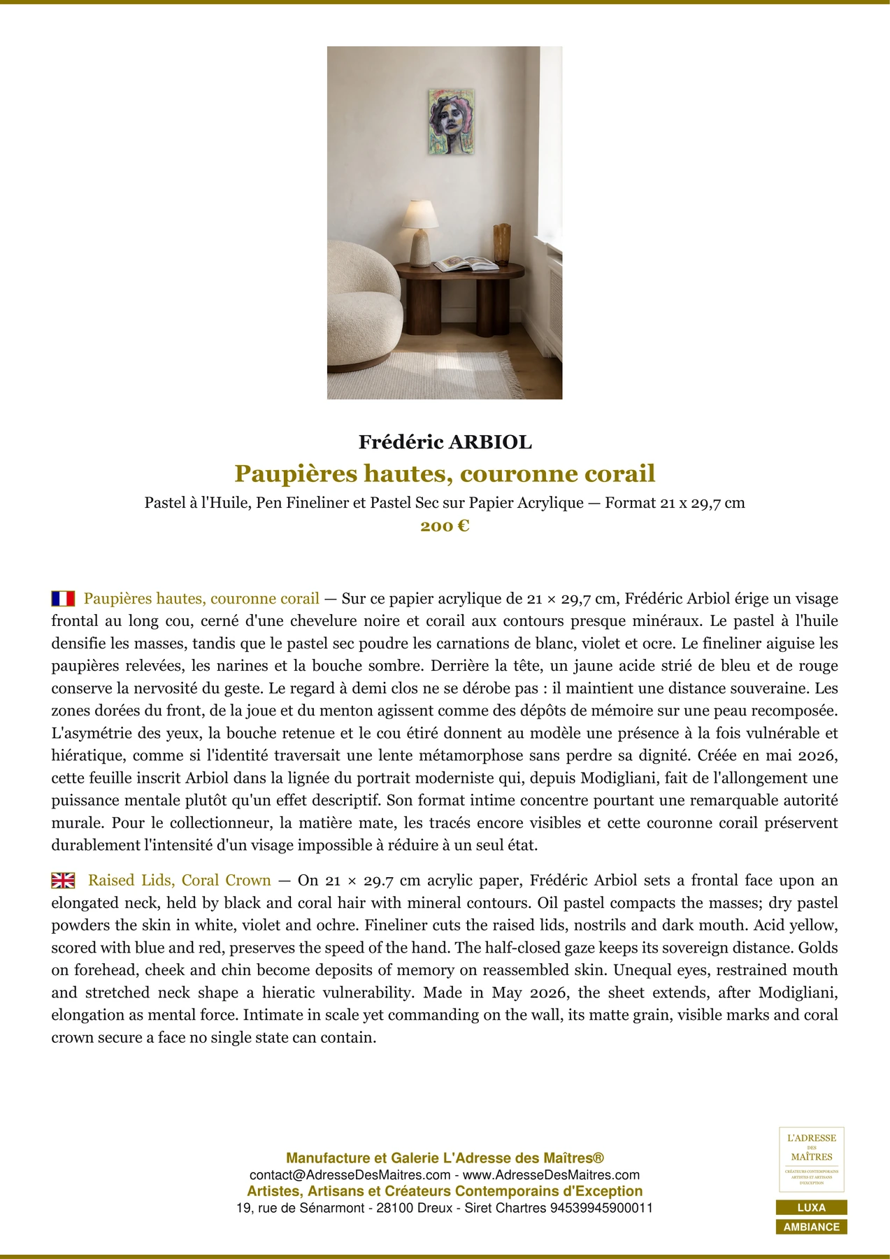 Fiche Premium Ambiance - Paupières hautes, couronne corail - Frédéric ARBIOL - L'Adresse des Maîtres®