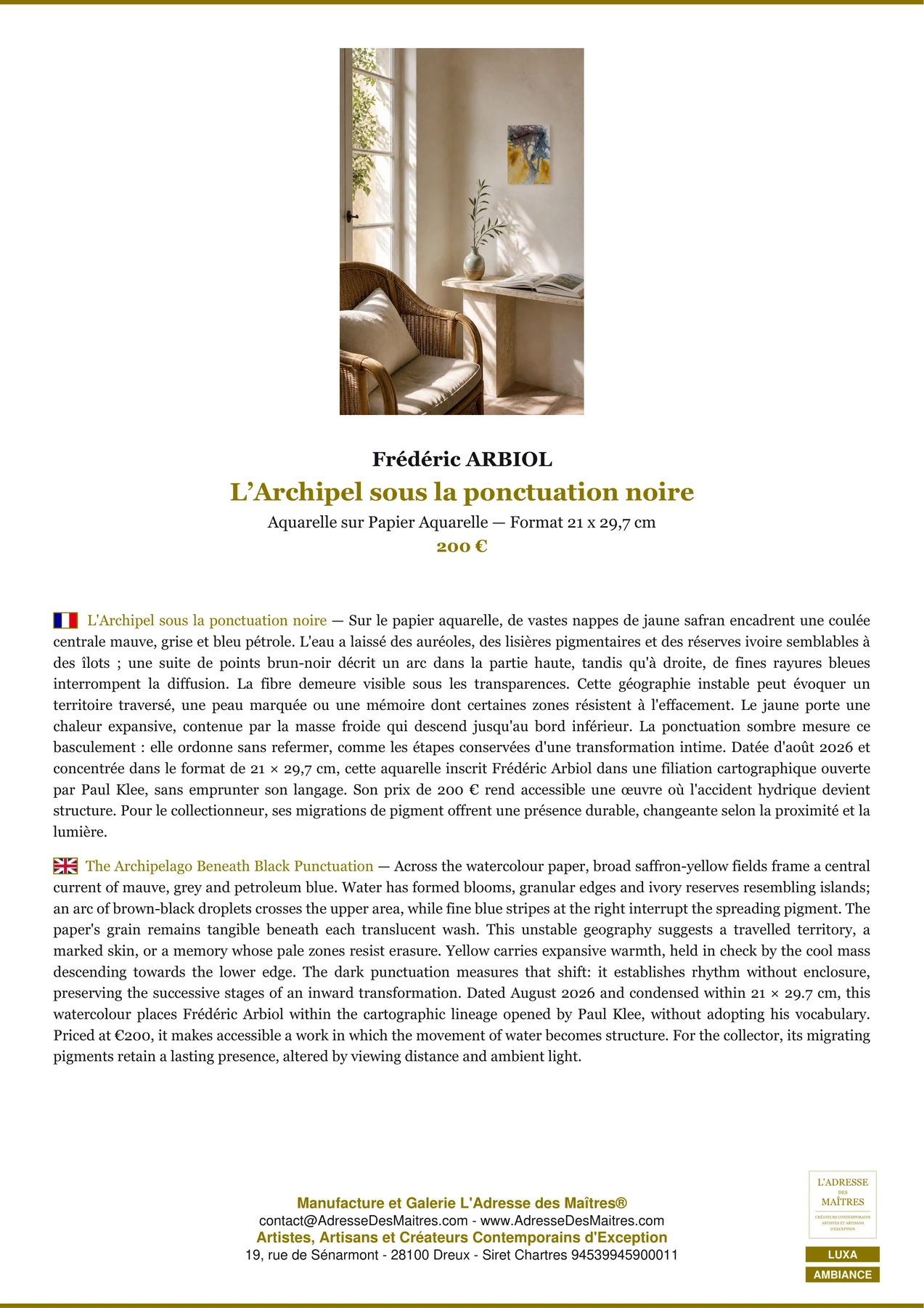 Fiche Premium Ambiance - L’Archipel sous la ponctuation noire - Frédéric ARBIOL - L'Adresse des Maîtres®