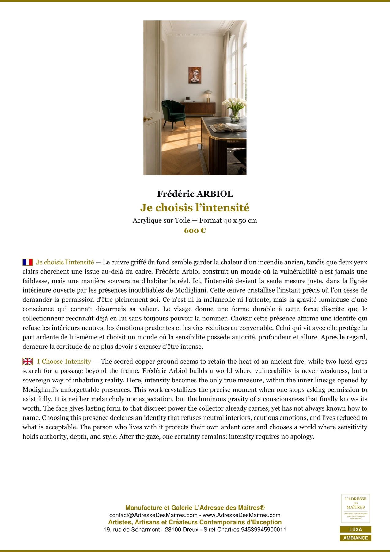 Fiche Premium Ambiance - Je choisis l’intensité - Frédéric ARBIOL - L'Adresse des Maîtres®