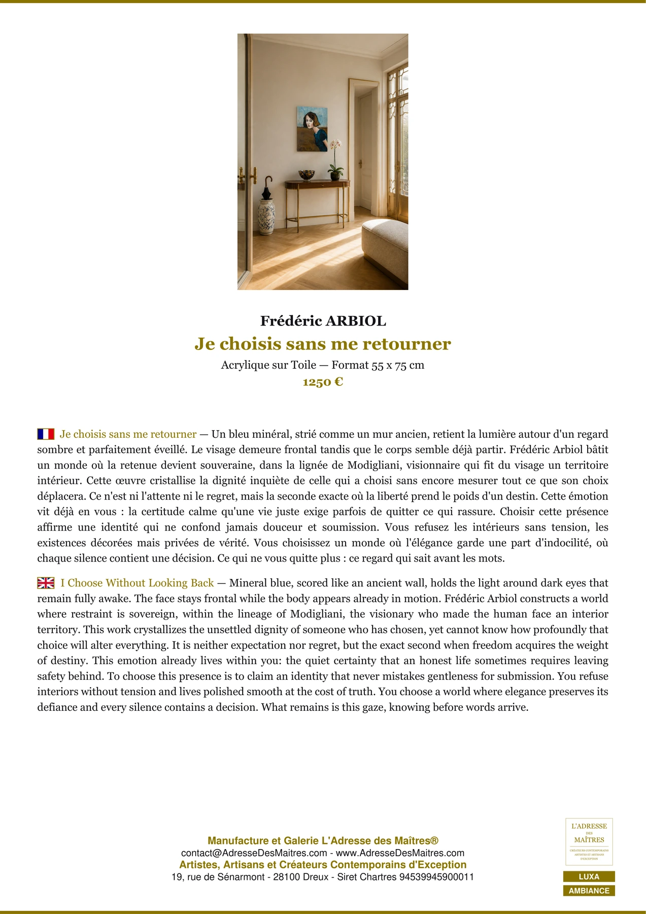 Fiche Premium Ambiance - Je choisis sans me retourner - Frédéric ARBIOL - L'Adresse des Maîtres®