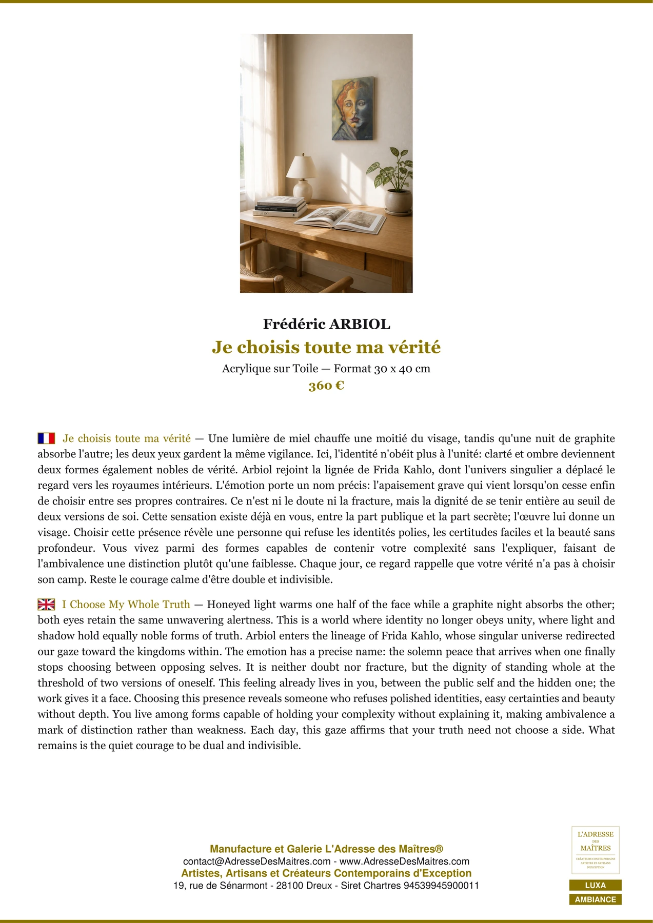 Fiche Premium Ambiance - Je choisis toute ma vérité - Frédéric ARBIOL - L'Adresse des Maîtres®