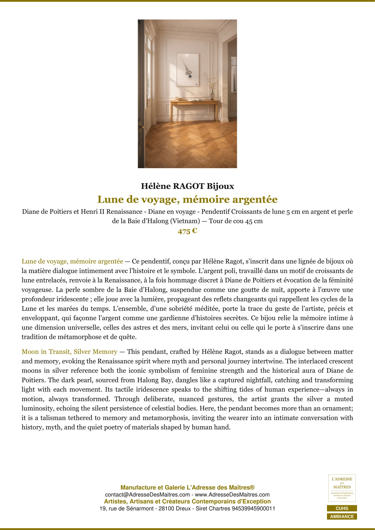Fiche Premium Ambiance - Lune de voyage, mémoire argentée - Hélène RAGOT Bijoux - L'Adresse des Maîtres®