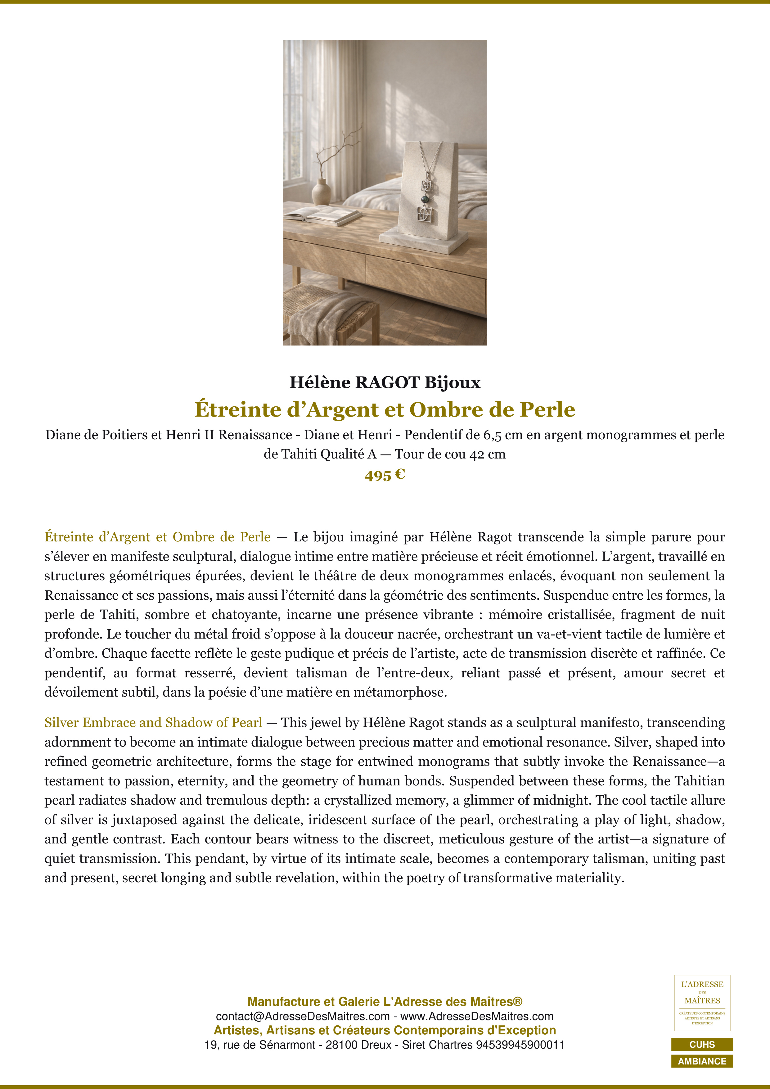 Fiche Premium Ambiance — Étreinte d’Argent et Ombre de Perle — Hélène RAGOT Bijoux — L'Adresse des Maîtres®