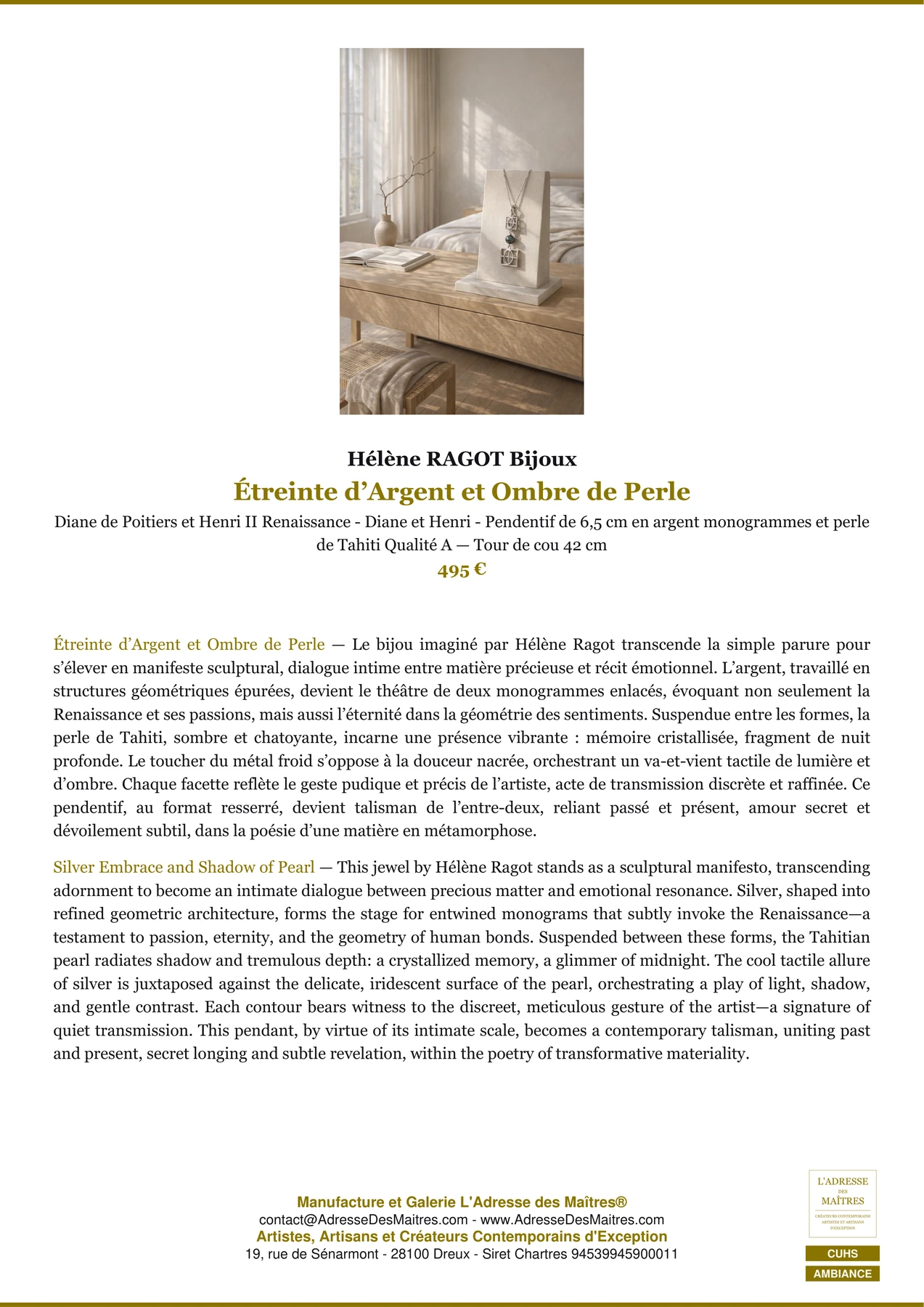Fiche Premium Ambiance - Étreinte d’Argent et Ombre de Perle - Hélène RAGOT Bijoux - L'Adresse des Maîtres®