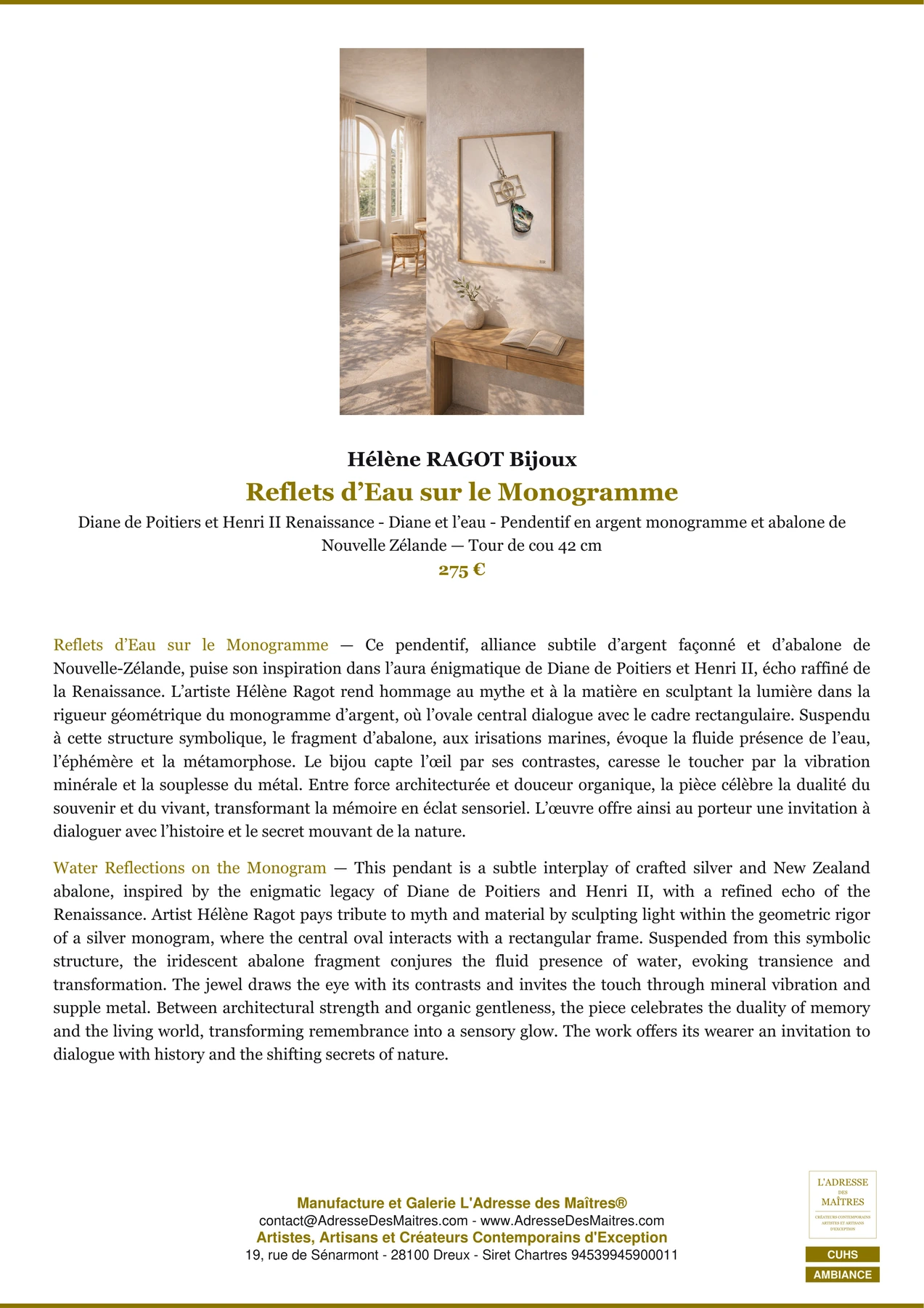 Fiche Premium Ambiance - Reflets d’Eau sur le Monogramme - Hélène RAGOT Bijoux - L'Adresse des Maîtres®