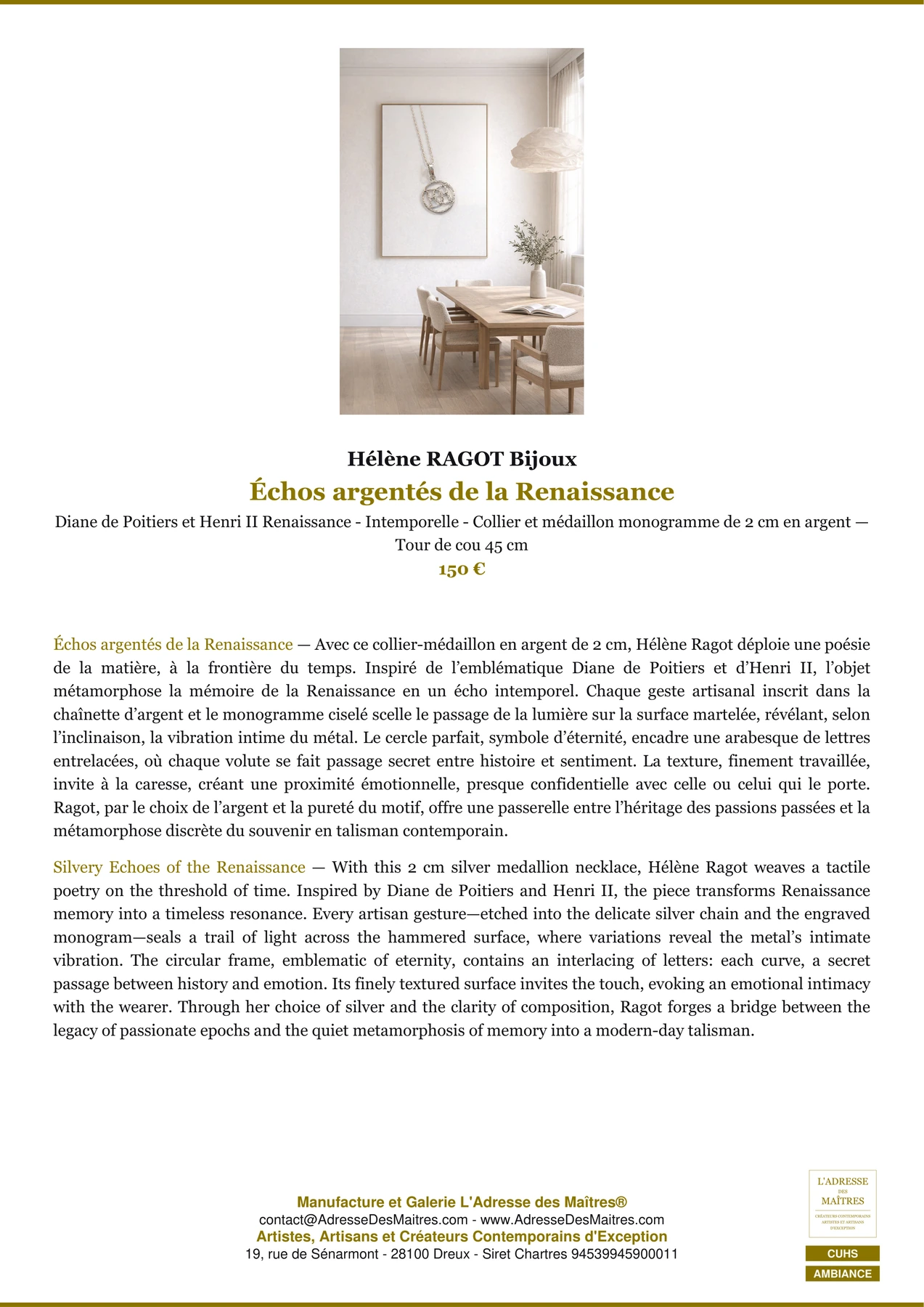 Fiche Premium Ambiance - Échos argentés de la Renaissance - Hélène RAGOT Bijoux - L'Adresse des Maîtres®