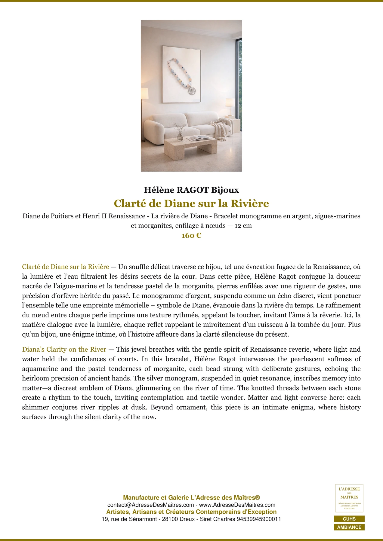 Fiche Premium Ambiance - Clarté de Diane sur la Rivière - Hélène RAGOT Bijoux - L'Adresse des Maîtres®