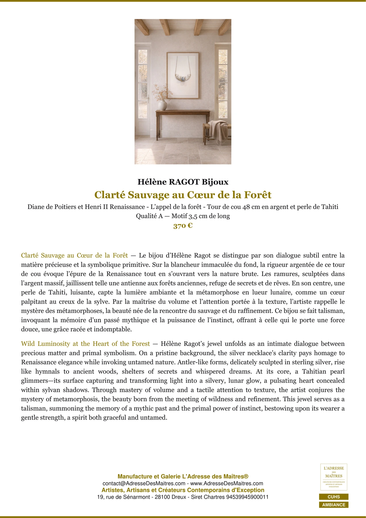 Fiche Premium Ambiance - Clarté Sauvage au Cœur de la Forêt - Hélène RAGOT Bijoux - L'Adresse des Maîtres®