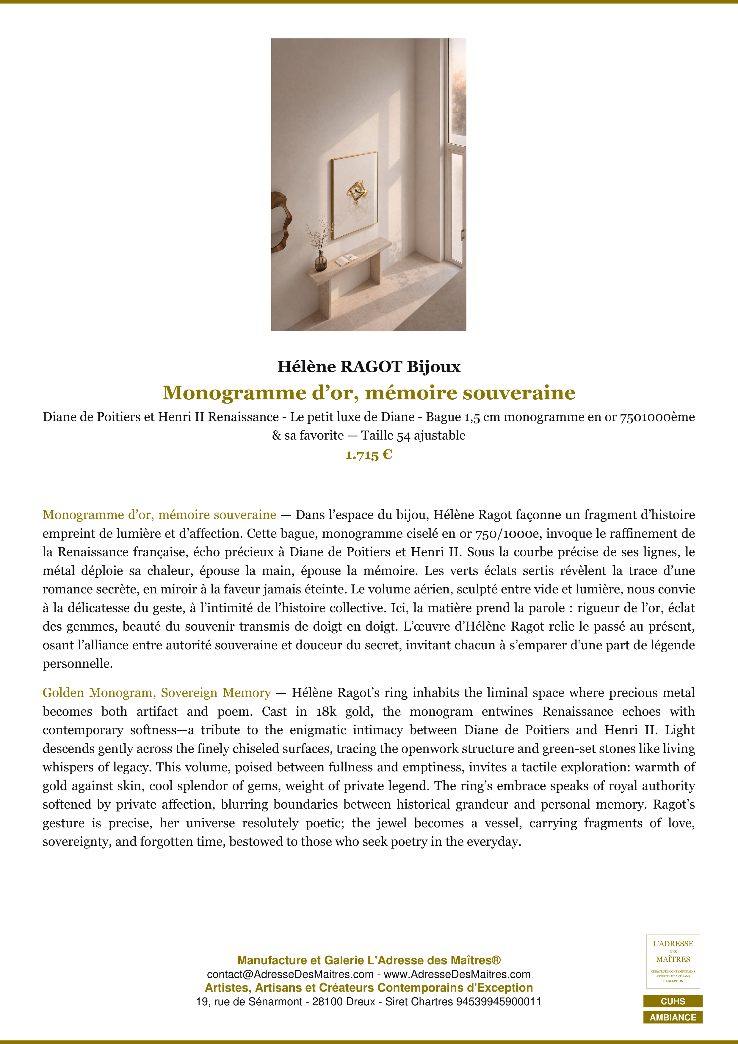 Fiche Premium Ambiance — Monogramme d’or, mémoire souveraine — Hélène RAGOT Bijoux — L'Adresse des Maîtres®