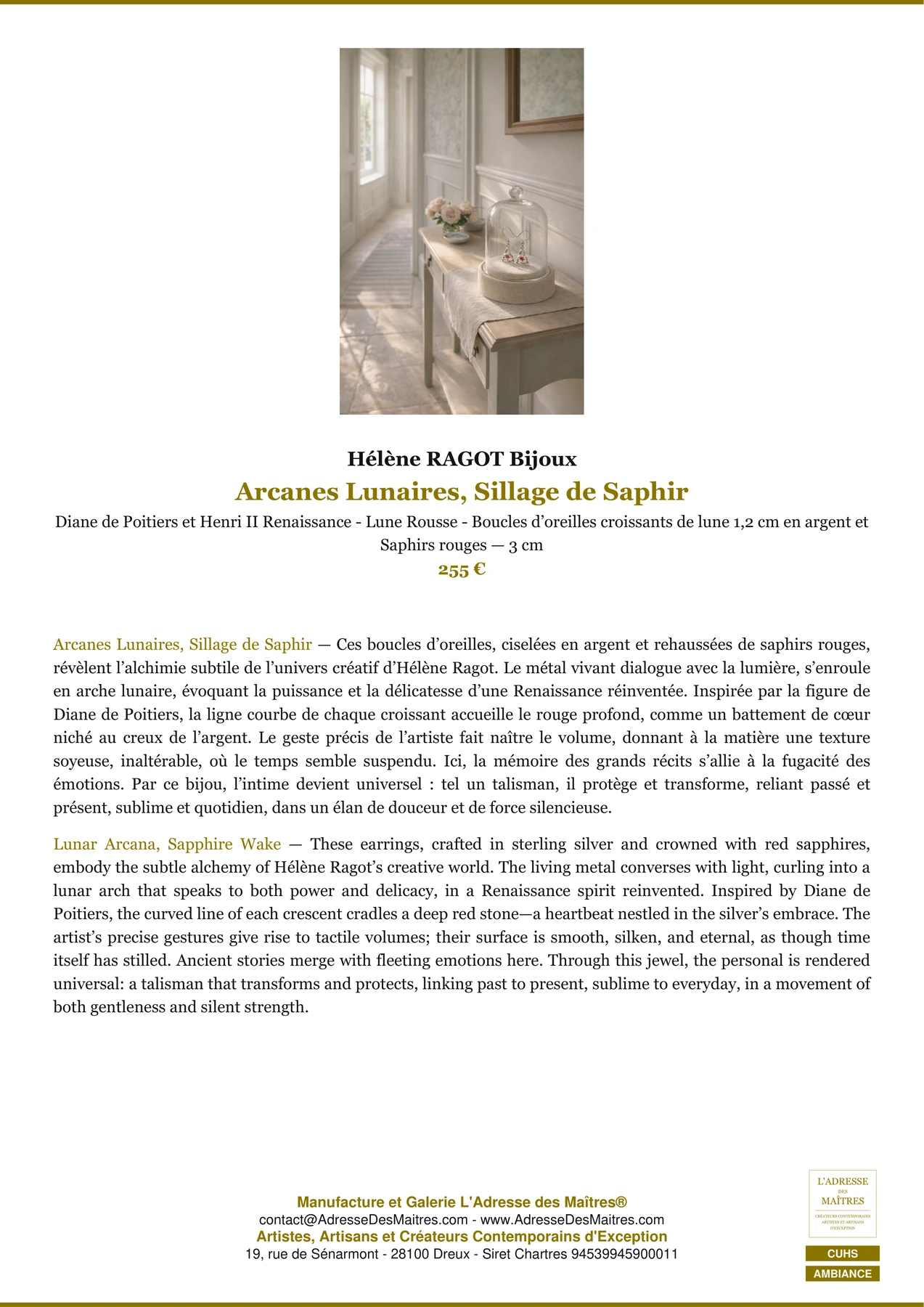 Fiche Premium Ambiance - Arcanes Lunaires, Sillage de Saphir - Hélène RAGOT Bijoux - L'Adresse des Maîtres®