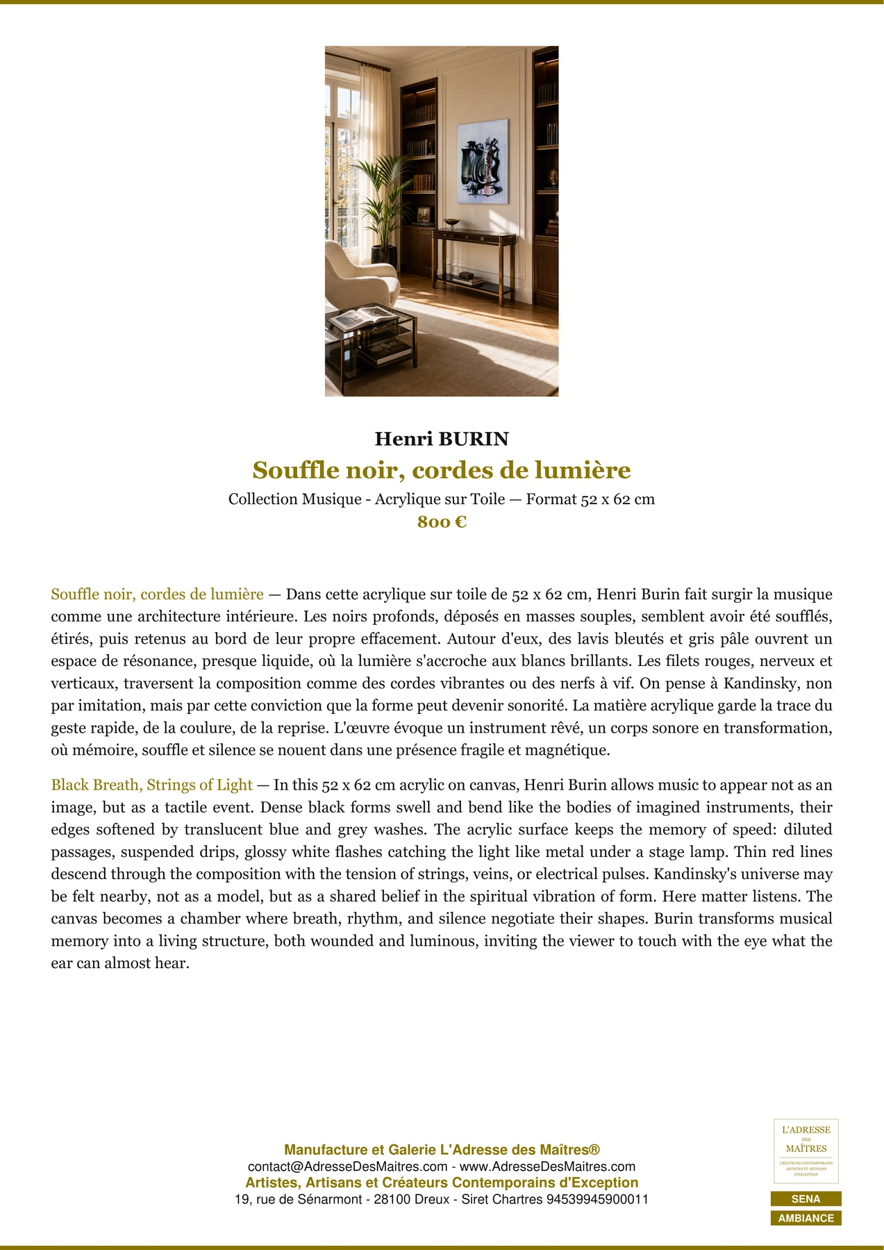 Fiche Premium Ambiance — Souffle noir, cordes de lumière — Henri BURIN — L'Adresse des Maîtres®