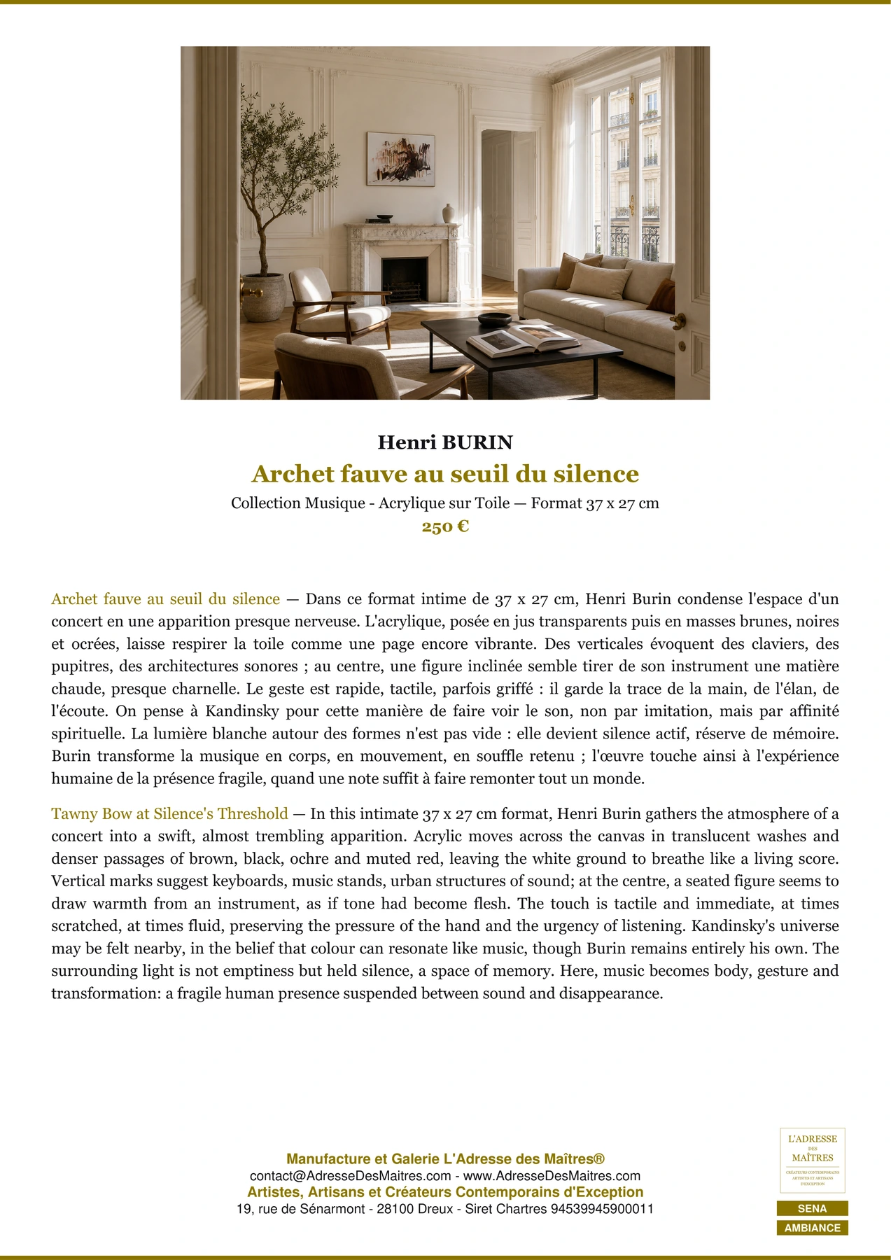 Fiche Premium Ambiance — Archet fauve au seuil du silence — Henri BURIN — L'Adresse des Maîtres®