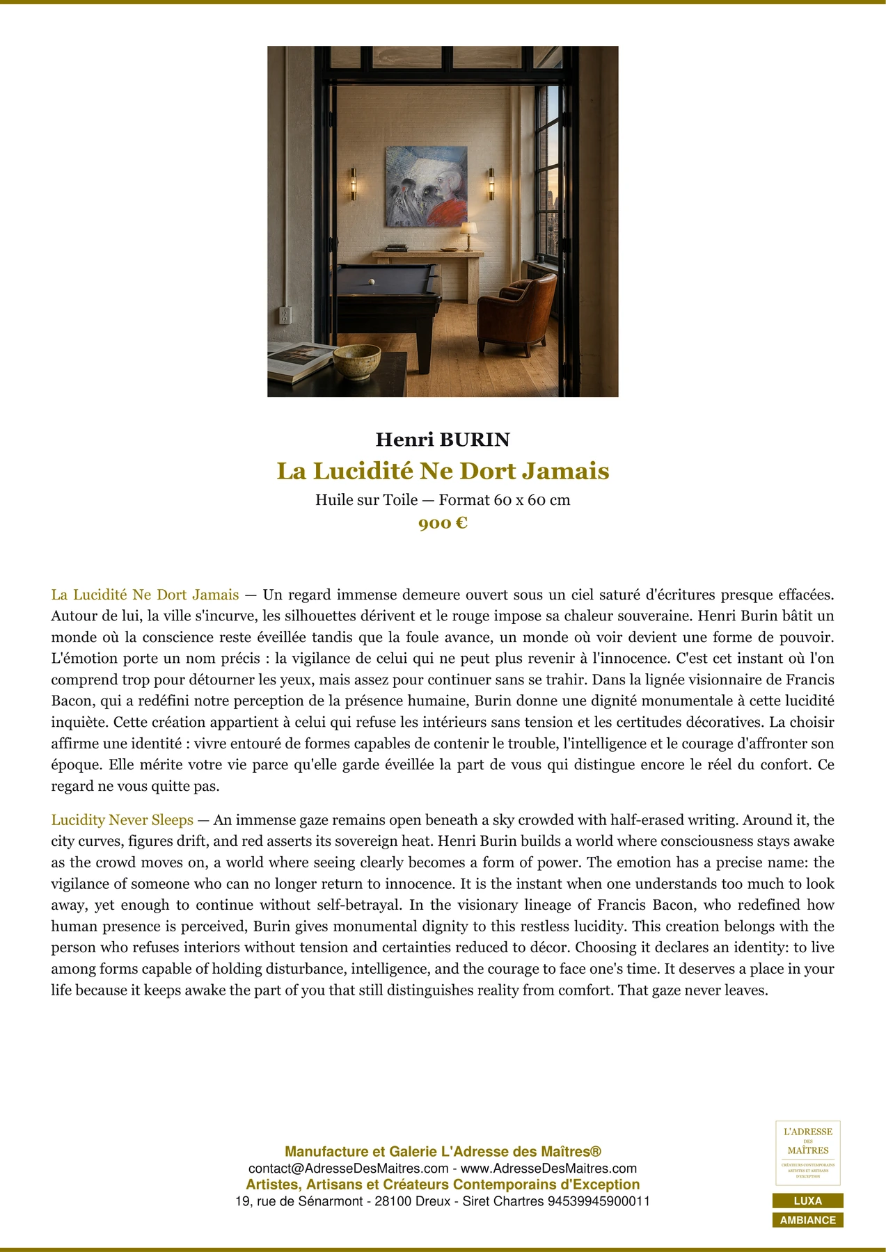 Fiche Premium Ambiance — La Lucidité Ne Dort Jamais — Henri BURIN — L'Adresse des Maîtres®