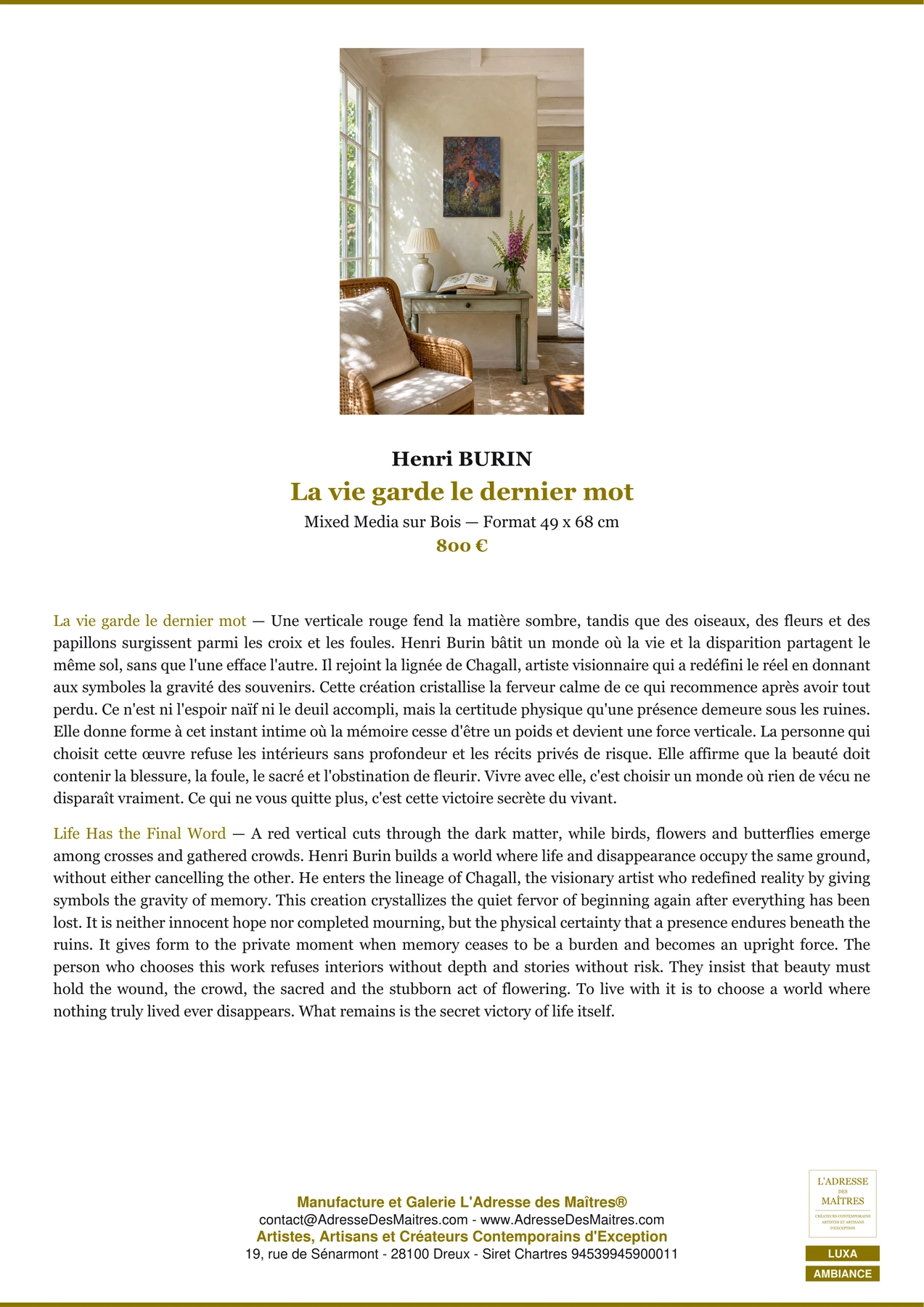 Fiche Premium Ambiance — La vie garde le dernier mot — Henri BURIN — L'Adresse des Maîtres®