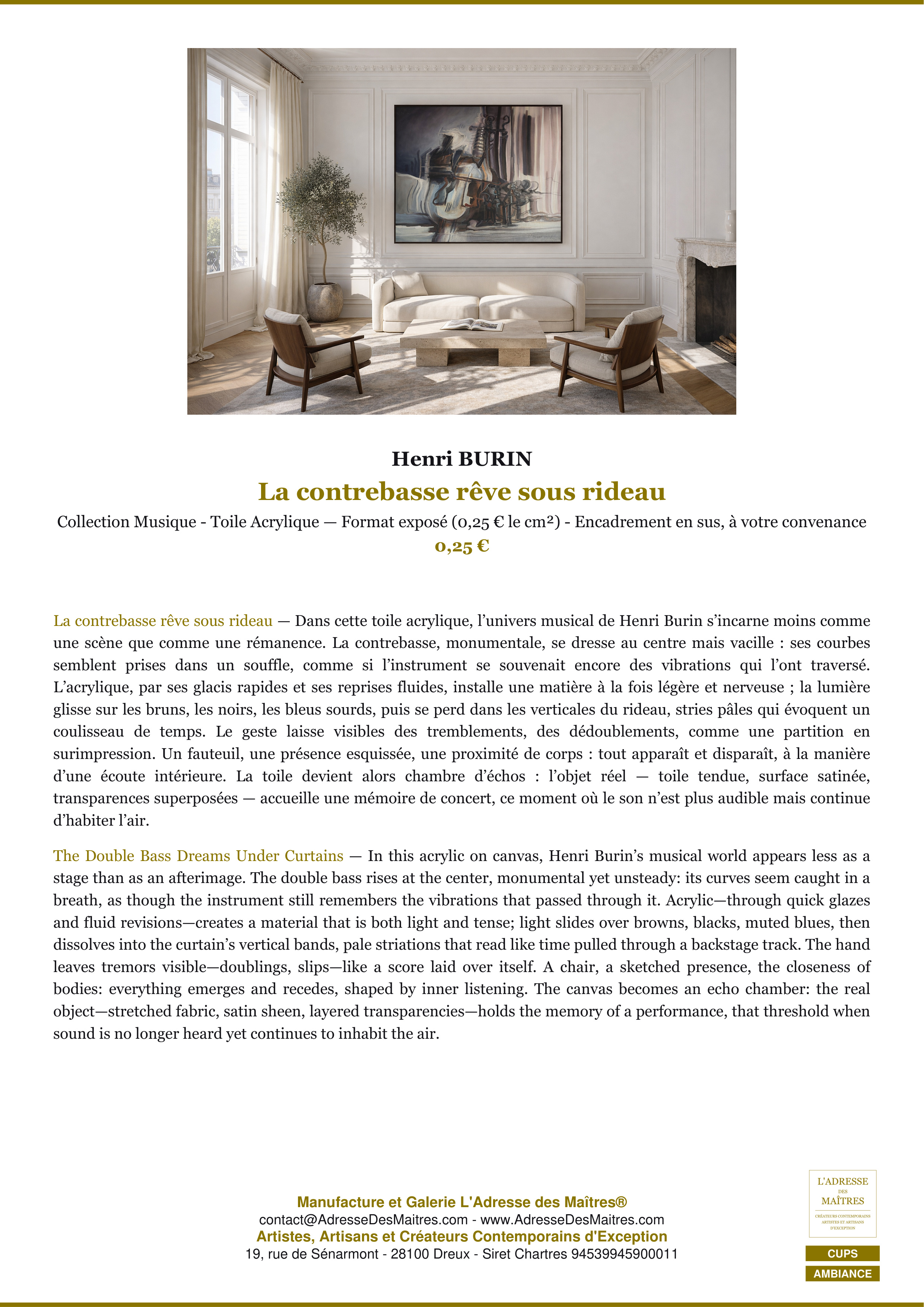 Ficha Premium «Ambiance» — El contrabajo sueña tras el telón — Henri BURIN — L'Adresse des Maîtres®