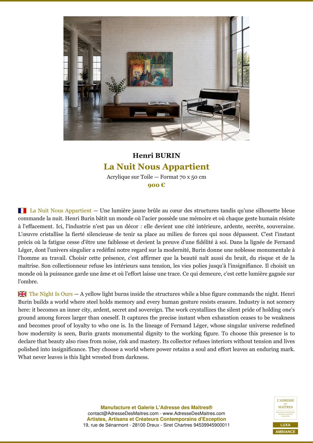 Fiche Premium Ambiance - La Nuit Nous Appartient - Henri BURIN - L'Adresse des Maîtres®