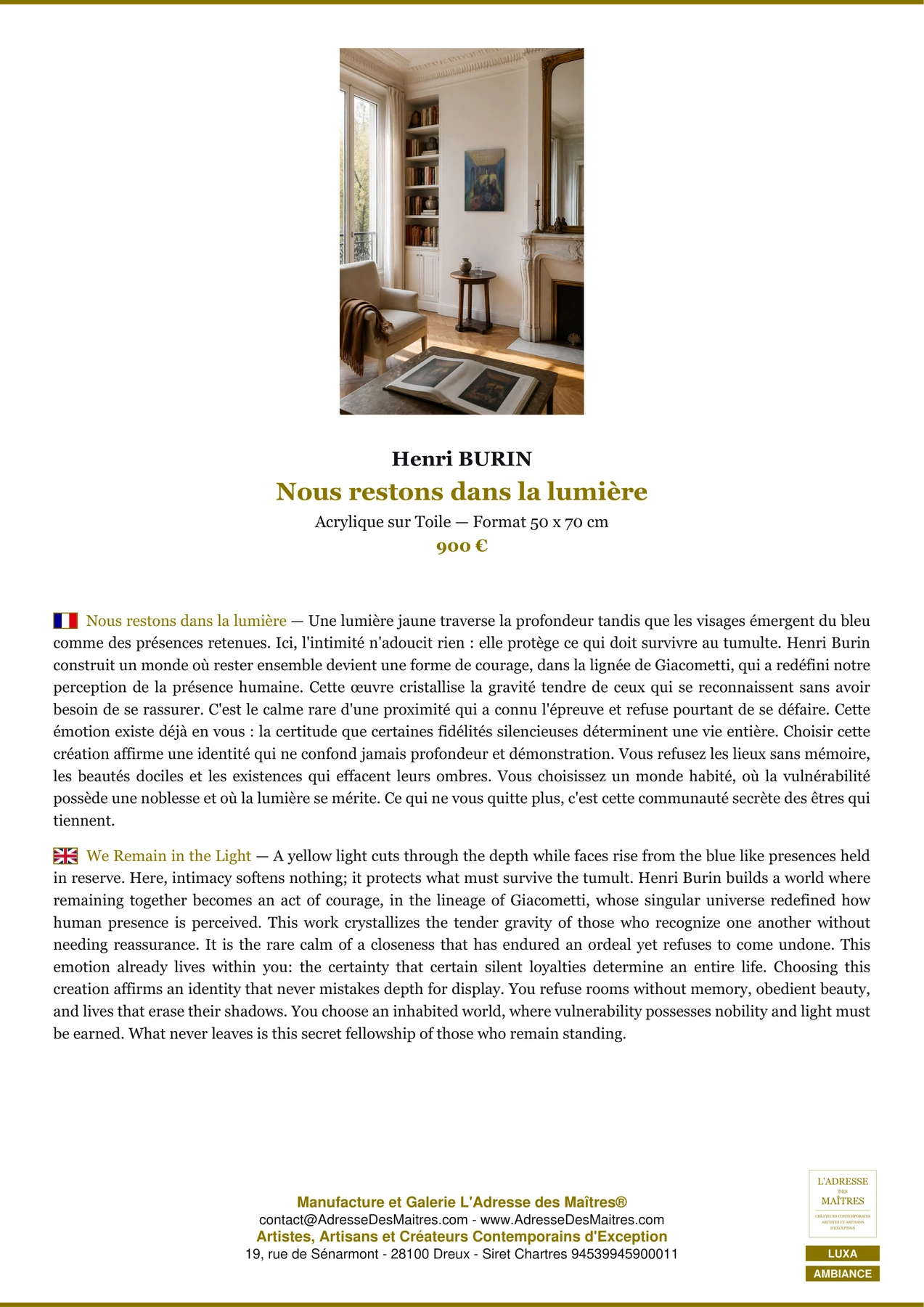 Fiche Premium Ambiance - Nous restons dans la lumière - Henri BURIN - L'Adresse des Maîtres®