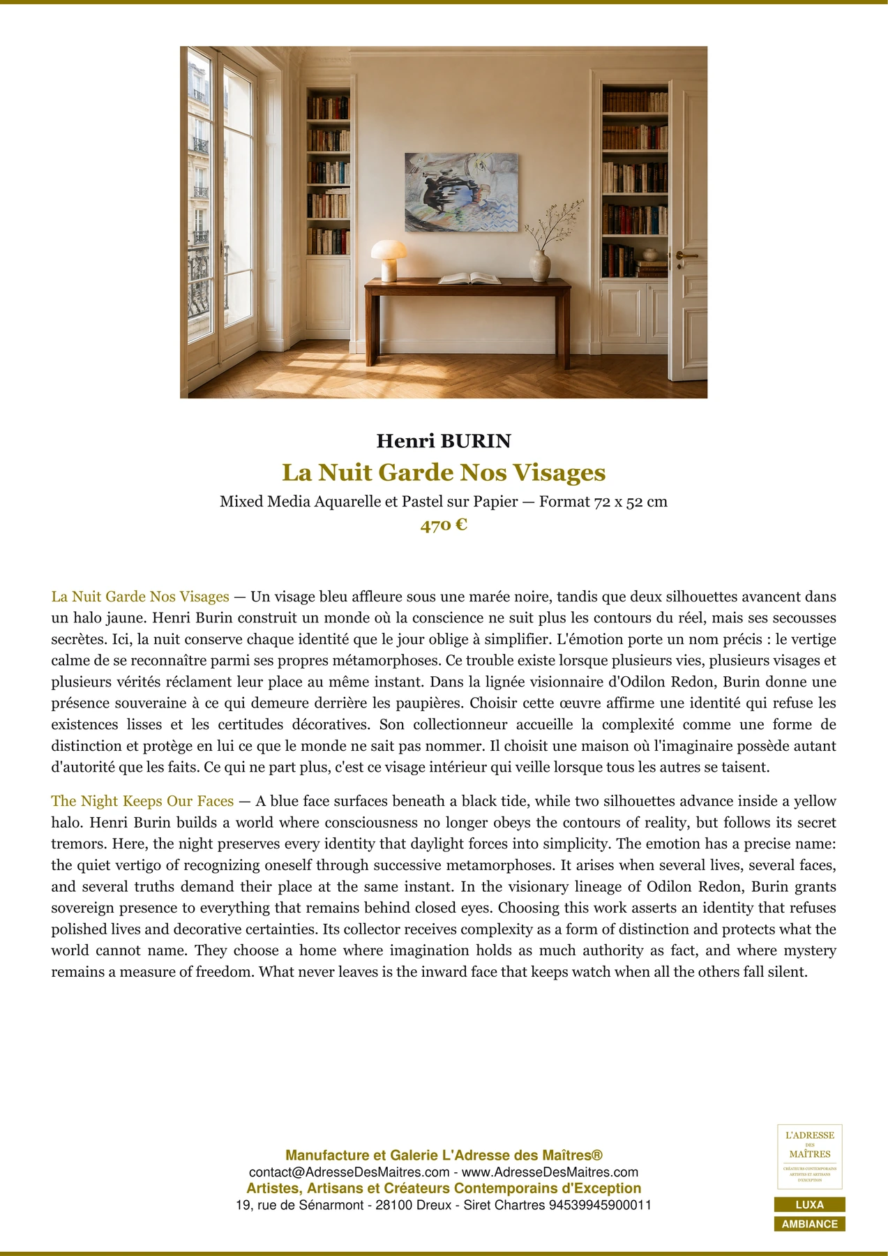 Fiche Premium Ambiance — La Nuit Garde Nos Visages — Henri BURIN — L'Adresse des Maîtres®