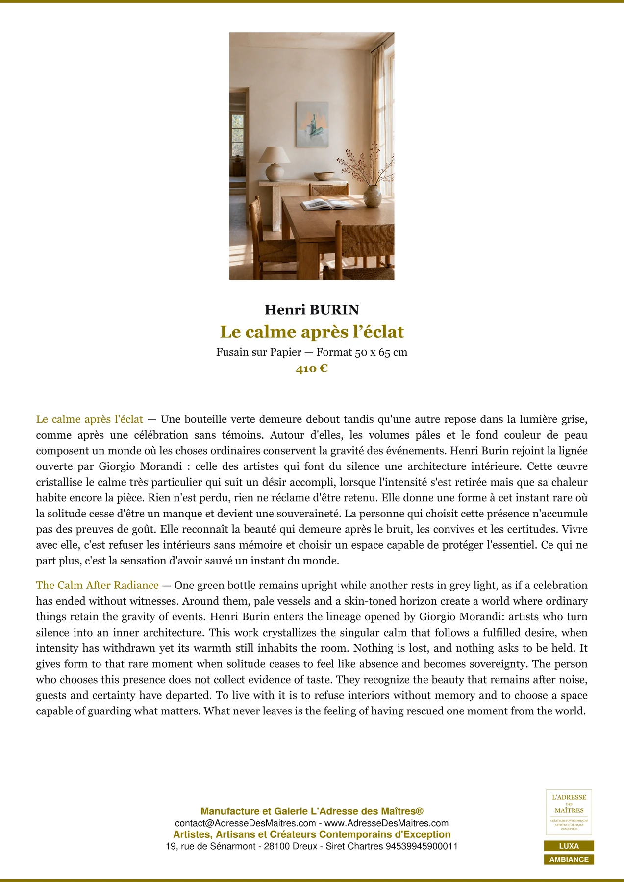 Fiche Premium Ambiance — Le calme après l’éclat — Henri BURIN — L'Adresse des Maîtres®